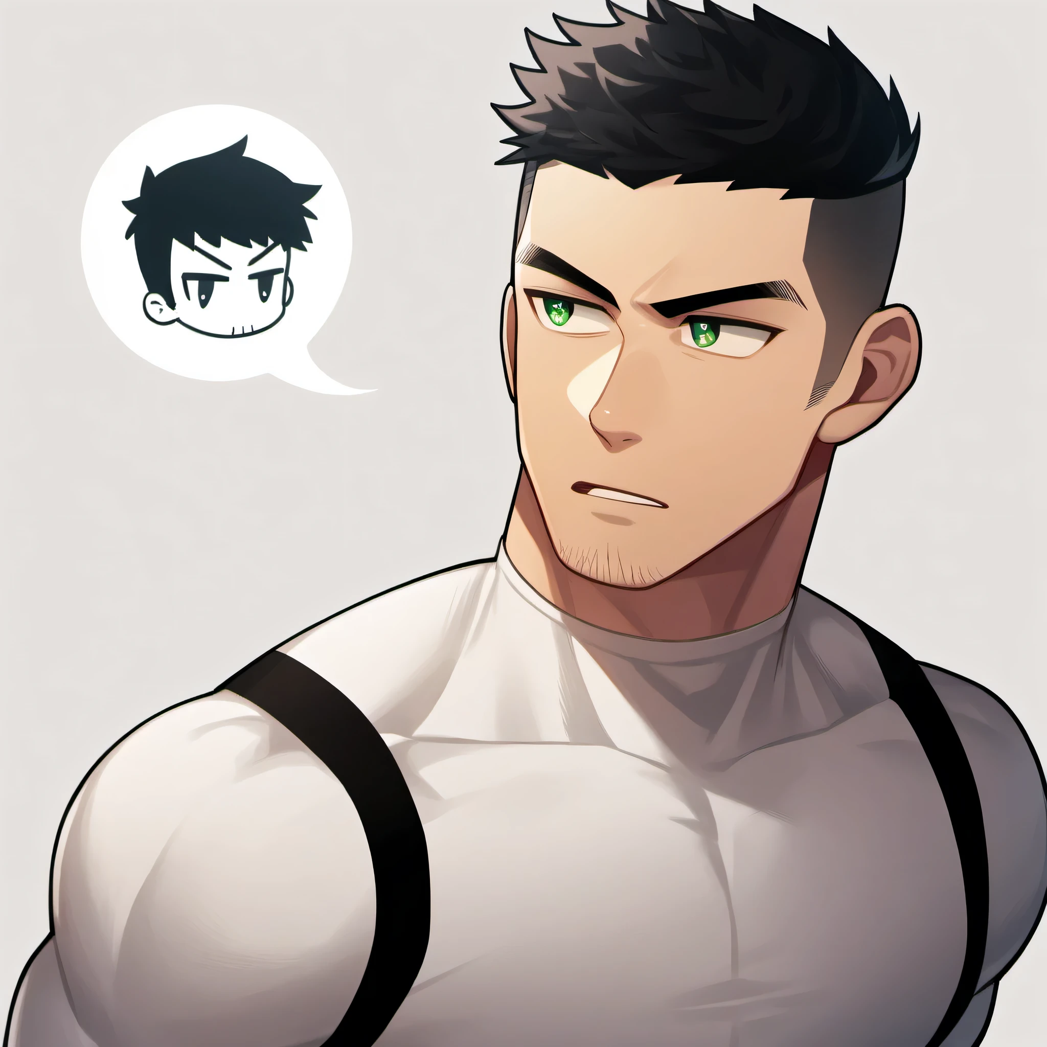 1 sports boy, male focus, White compression pantyhose, muscular male, muscular, only, Upper body, alone, look to the side, dialog box, short hair, stubble, black hair, green eyes, open lips, White background, simple background, amazing quality, best aesthetics, Ridiculous, 2023, short hair, bright pupils, V-shaped eyebrows, Jiliu, best quality