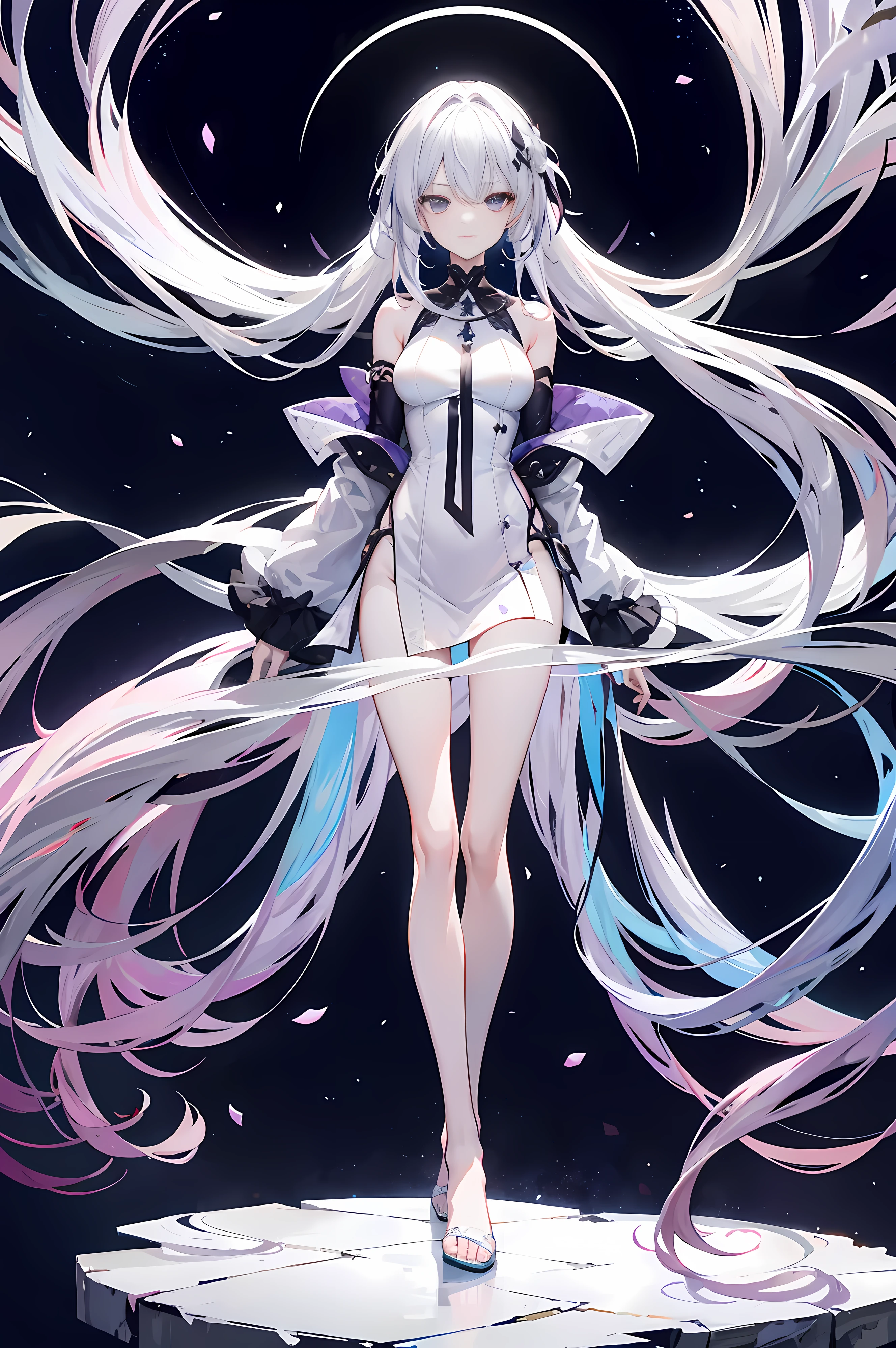 Lilac gradient hair,asymmetrical hair,（（Hair is very thick 1.8，chiseled head 1.6））， hair past shoulders, messy hair, very long hair, shiny hair，(long gray hair:1.2),a beautiful girl，（Luxury Platinum Mini Ultra Short Platinum Lolita，Made of transparent material），（Transparent clothes transparent 1.8），Perfect body，big thin legs，Slim，(looks sad，haggard face ，sad，shut your mouth：1.2） Against the backdrop of an unusually bright dark starry sky，（Put your hands behind your back），（round,Room, firm breasts），barefoot，float，water surface，（long legs，long legs，long legs，Gestalt），full-body shot。standing posture
