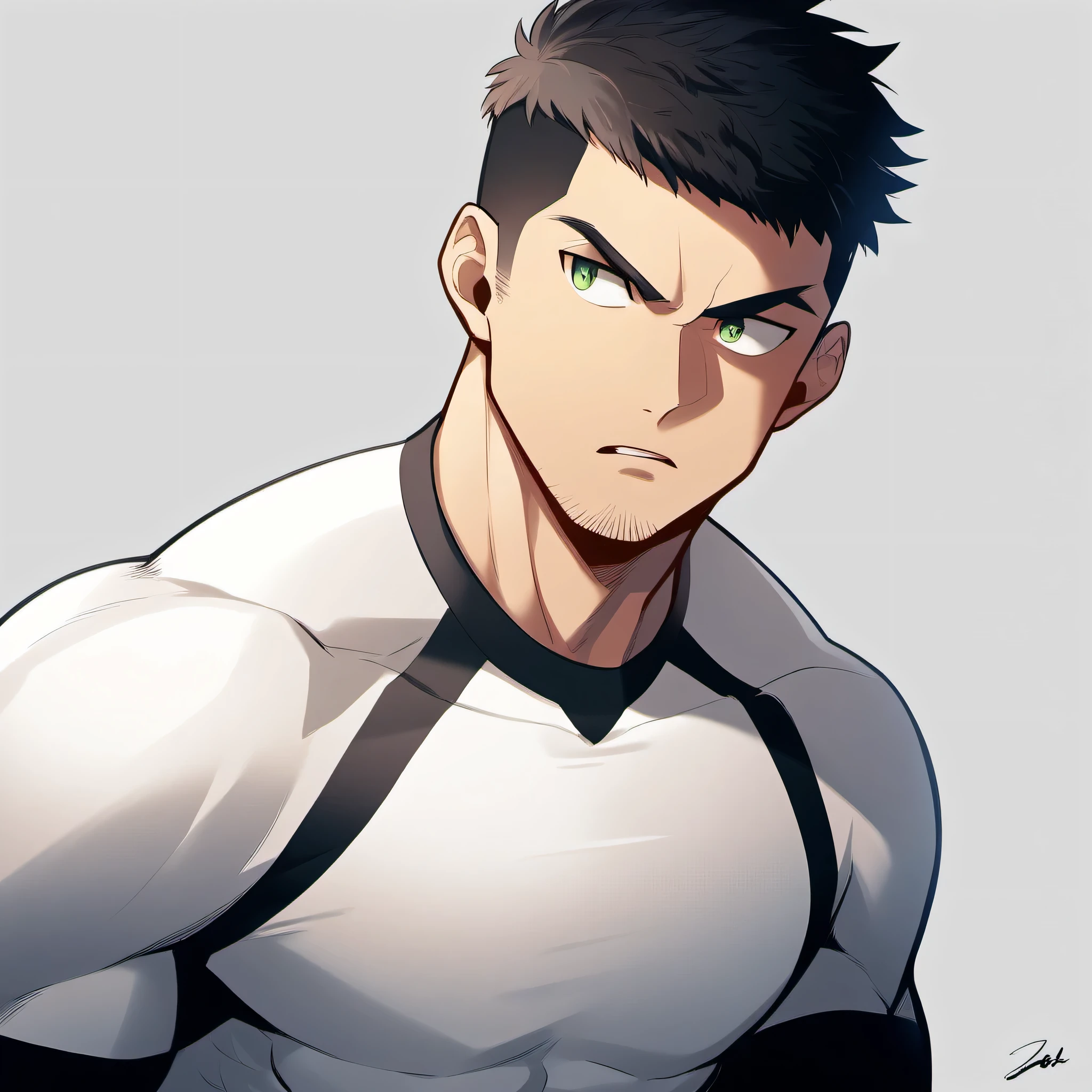 1 sports boy, male focus, White compression pantyhose, muscular male, muscular, only, Upper body, alone, look to the side, short hair, stubble, black hair, green eyes, open lips, White background, simple background, amazing quality, best aesthetics, Ridiculous, short hair, bright pupils, V-shaped eyebrows, Jiliu, best quality