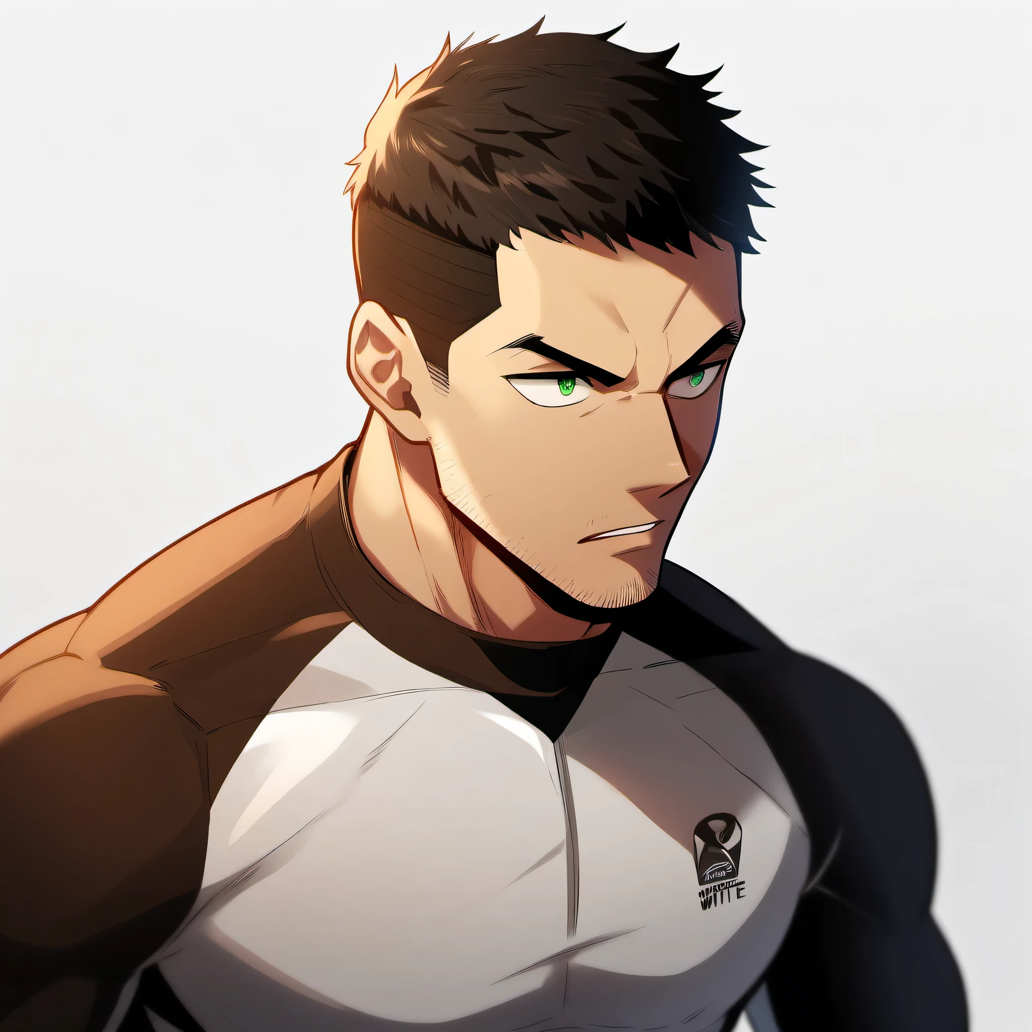 1 sports boy, male focus, White compression pantyhose, muscular male, muscular, only, Upper body, alone, look to the side, short hair, stubble, black hair, green eyes, open lips, White background, simple background, amazing quality, best aesthetics, Ridiculous, short hair, bright pupils, V-shaped eyebrows, Jiliu, best quality