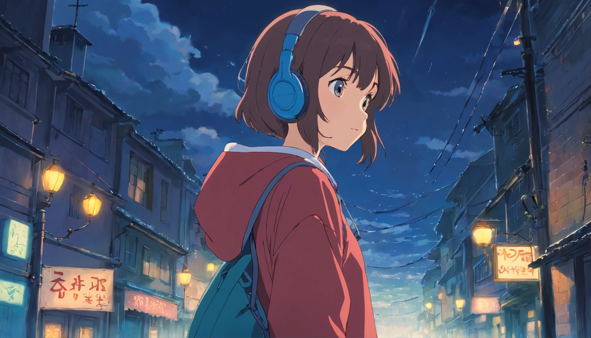 1 girl, hoodie, skirt, headphone, upper body, in the night, rainy sky, nostalgic