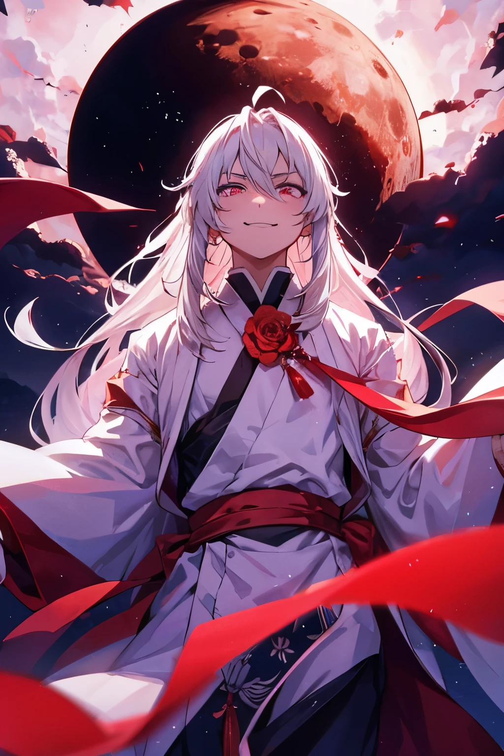 Man boy. Long white hair, white kimono, bloodthirsty smile, against the backdrop of the moon god and sakura. ruby eyes, red aura, ominous pose