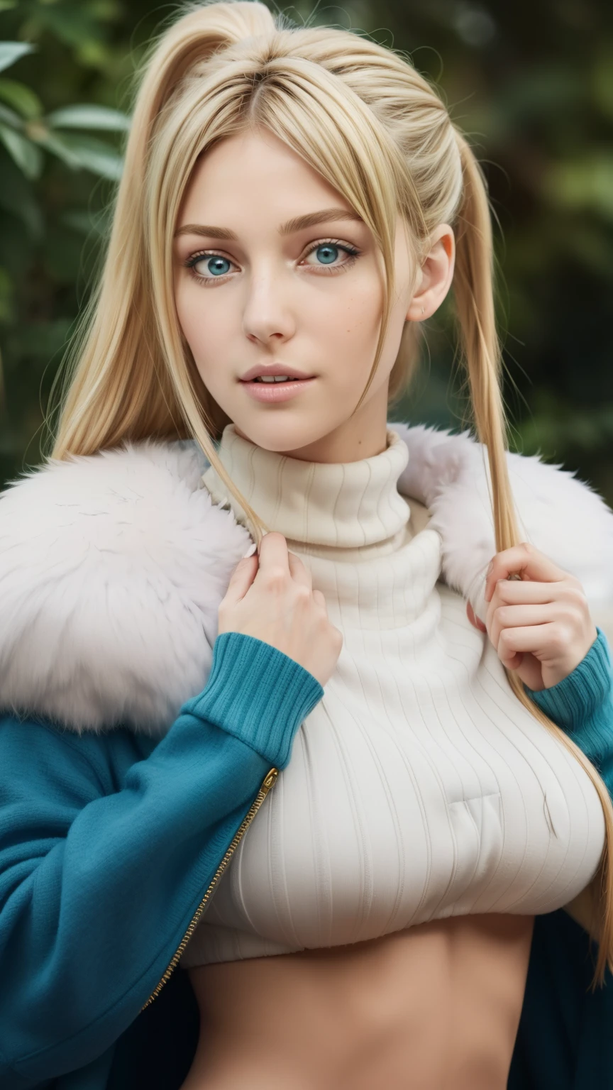 Simple White Background, tears, 
 blue coat, fur-trimmed cape, gloves,navel,crop top, sweater, turtleneck, midi skirt
hair ornament, 
bangs, blonde hair,blue eyes,long hair,high ponytail, 
1 girl, 20yo,Young female,Beautiful Finger,(Beautiful long legs),Beautiful body, (whole body), (barefoot), far view
Beautiful Nose,Beautiful character design, perfect eyes, perfect face,expressive eyes,perfect balance,
looking at viewer,(Focus on her face),closed mouth, (innocent_big_eyes:1.0),serious, 
official art,extremely detailed CG unity 8k wallpaper, perfect lighting,Colorful, Bright_Front_face_Lighting,White skin,
(masterpiece:1.0),(best_quality:1.0), ultra high res,4K,ultra-detailed,
photography, 8K, HDR, highres, absurdres:1.2, Kodak portra 400, film grain, blurry background, bokeh:1.2, lens flare, (vibrant_color:1.2),professional photograph,
(Beautiful,Breasts:1.0), (beautiful_face:1.5),(narrow_waist),