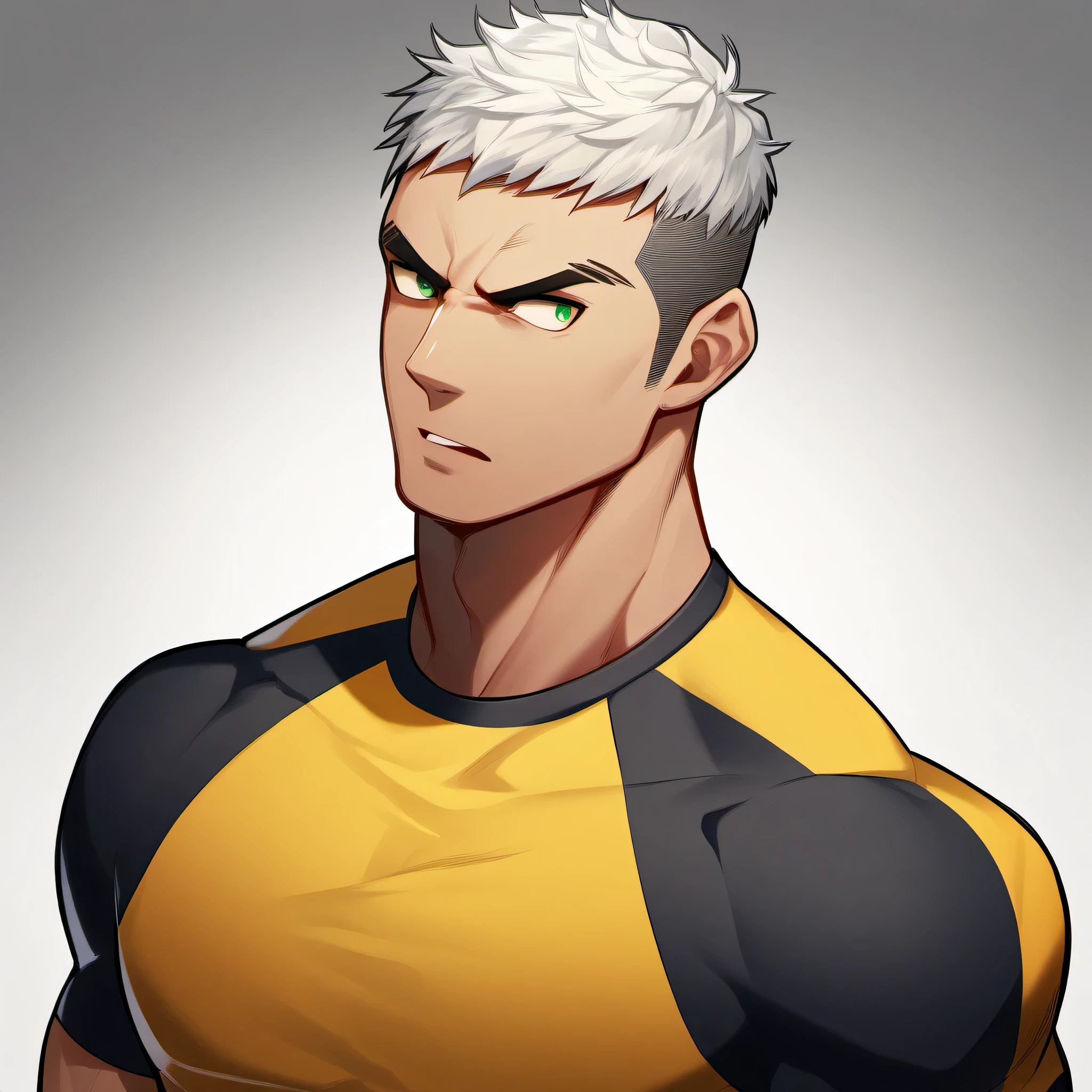 1muscular sportsman, male focus, Yellow and black tight T-shirt, muscular male, muscular, only, Upper body, alone, look to the side, short hair, stubble, white hair, green eyes, open lips, White background, simple background, amazing quality, best aesthetics, Ridiculous, short hair, bright pupils, V-shaped eyebrows, Jiliu, best quality