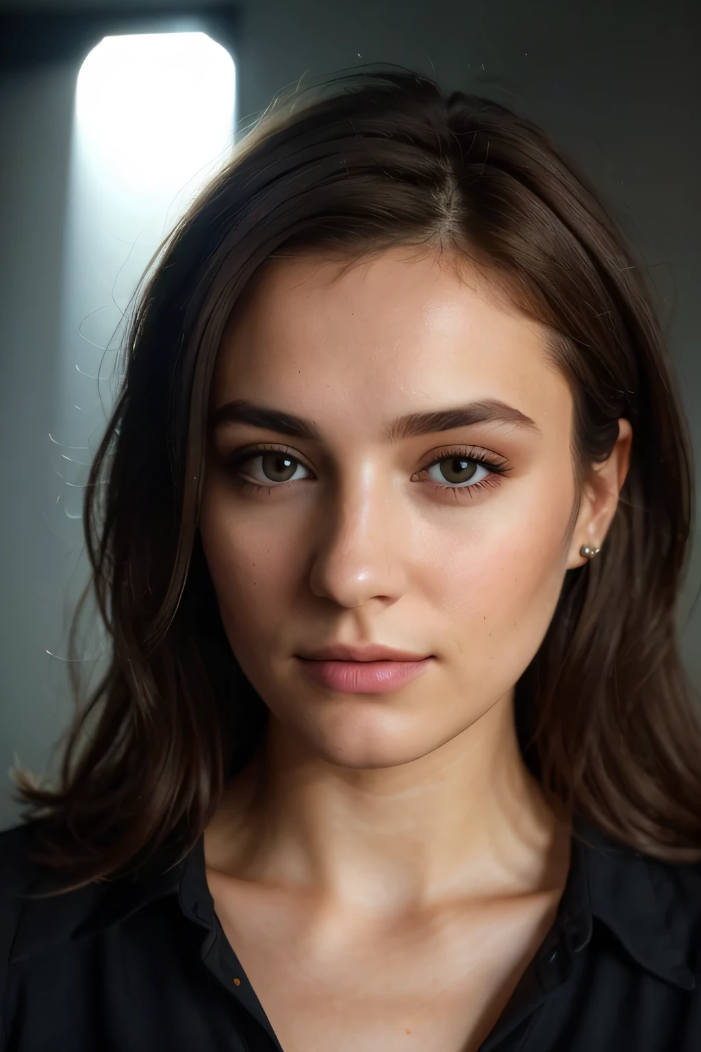 Instagram photo, 24-year-old French woman, square hair, light brown hair, gray-gray eyes, close-up portrait, shirt, neckline, pale, sharp shadows, The face looks straight into the camera, full-face, ((harsh lighting:1.4)), Velvia 100 color, shot on Cinestill 800T, sideways, sharp focus