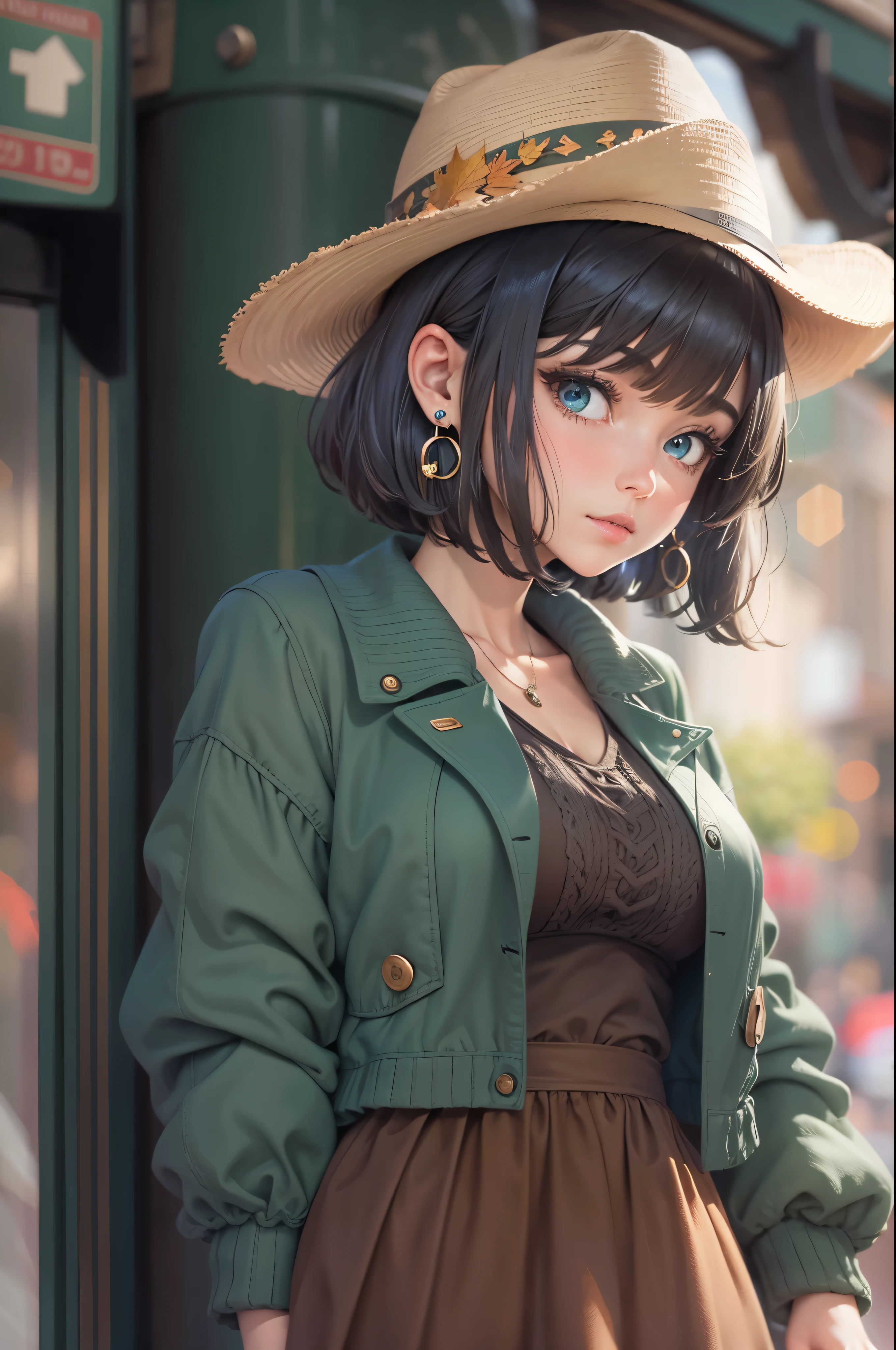 8k , master piece ,(((blurred background))) ,(((beautiful and detailed face))), (beautiful detailed woman) ,one personで,cowboy shot , (super detailed),city street ,autumn leaves , dusk sky ,winding , middle black hair , low side ponytail ,light brown eyes , droopy eyes , light smile , dressed , medium breasts , aran sweater dress ,dark brown thick pantyhose ,peace sign, ,green girl have one person profile wide shot,green short hair young girl one person have earrings