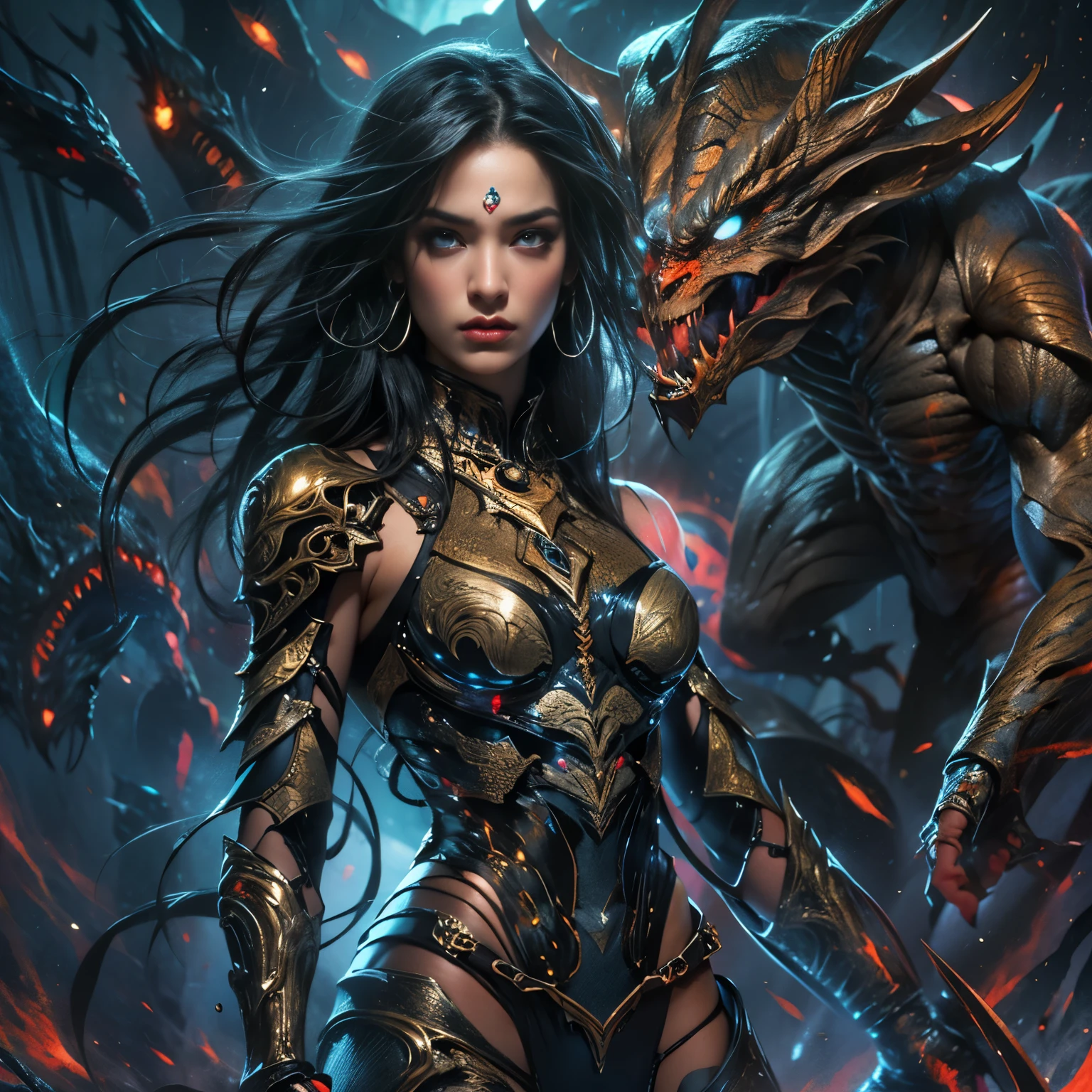 A female alien predator, of exquisite beauty beyond comparison, her intense gaze fixed on her prey with a hunter's focus, her long dark claws poised to strike. Her lean, muscular body was a sight to behold, every inch of her hyper-detailed figure exuding energy and raw power. Her shining sky blue orange eyes, the most beautiful in the universe, framed by thick eyebrows, shimmered with an otherworldly allure. Her jet black hair, symmetrically arranged, glistened under the rich colorful lights that illuminated her surroundings. Her eyes, highly detailed and full of life, held a seductive, alluring gaze that was both entrancing and intimid