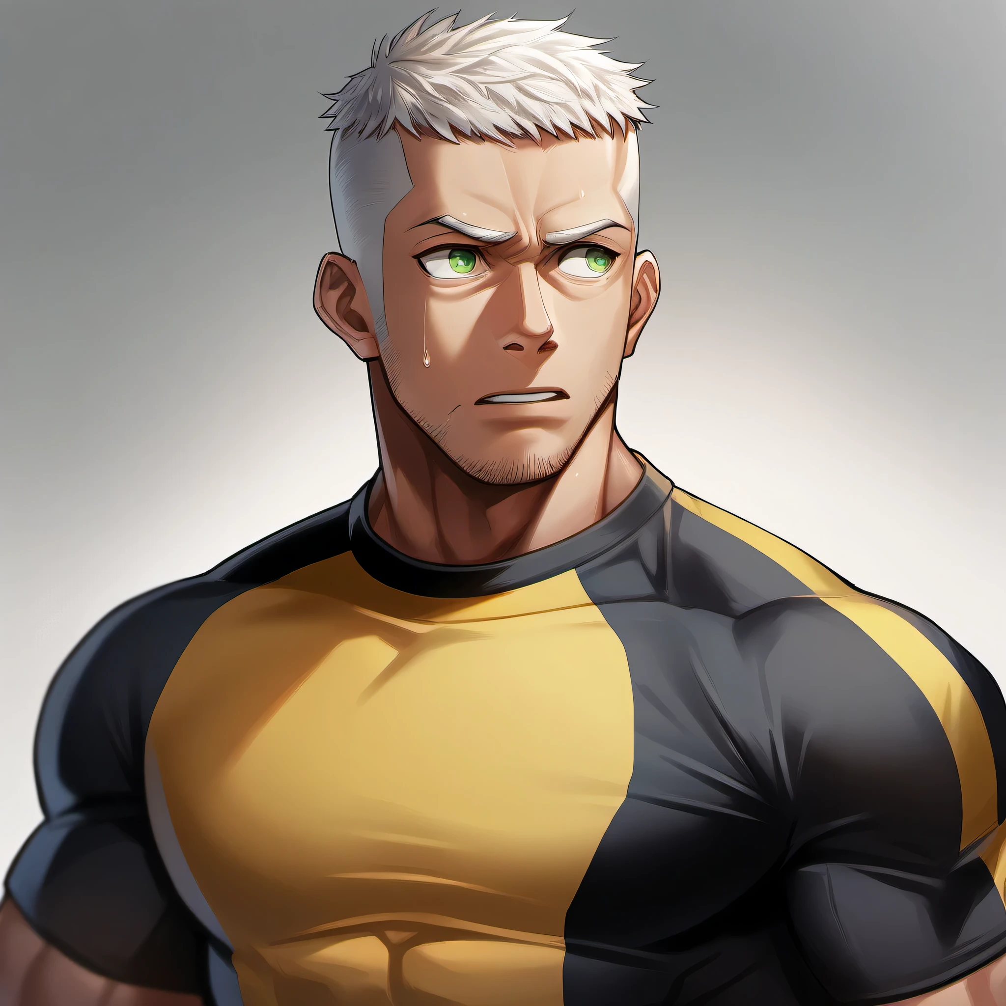 1muscular sportsman, male focus, Yellow and black tight T-shirt, muscular male, muscular, only, Upper body, alone, look to the side, short hair, stubble, white hair, green eyes, White background, simple background, amazing quality, best aesthetics, Ridiculous, short hair, bright pupils, sad, open lips, Tore, best quality