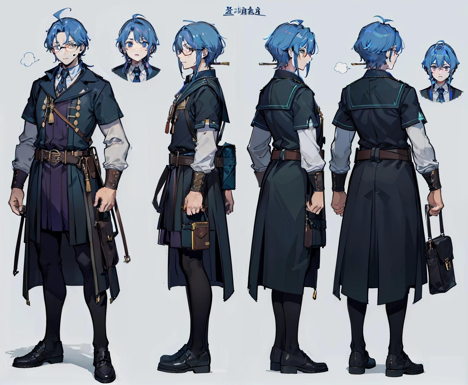 1 man, Reference sheet, (fantasy character design, front angle, back angle) Thaddeus. Middle-aged man with scholarly appearance. wear glasses、Carry a school bag full of scrolls and notebooks. Well tailored, Practical attire suitable for alchemical pursuits. A masterpiece that creates an atmosphere of intellectual curiosity and passion for research.:1.2), (highest quality:1.3).