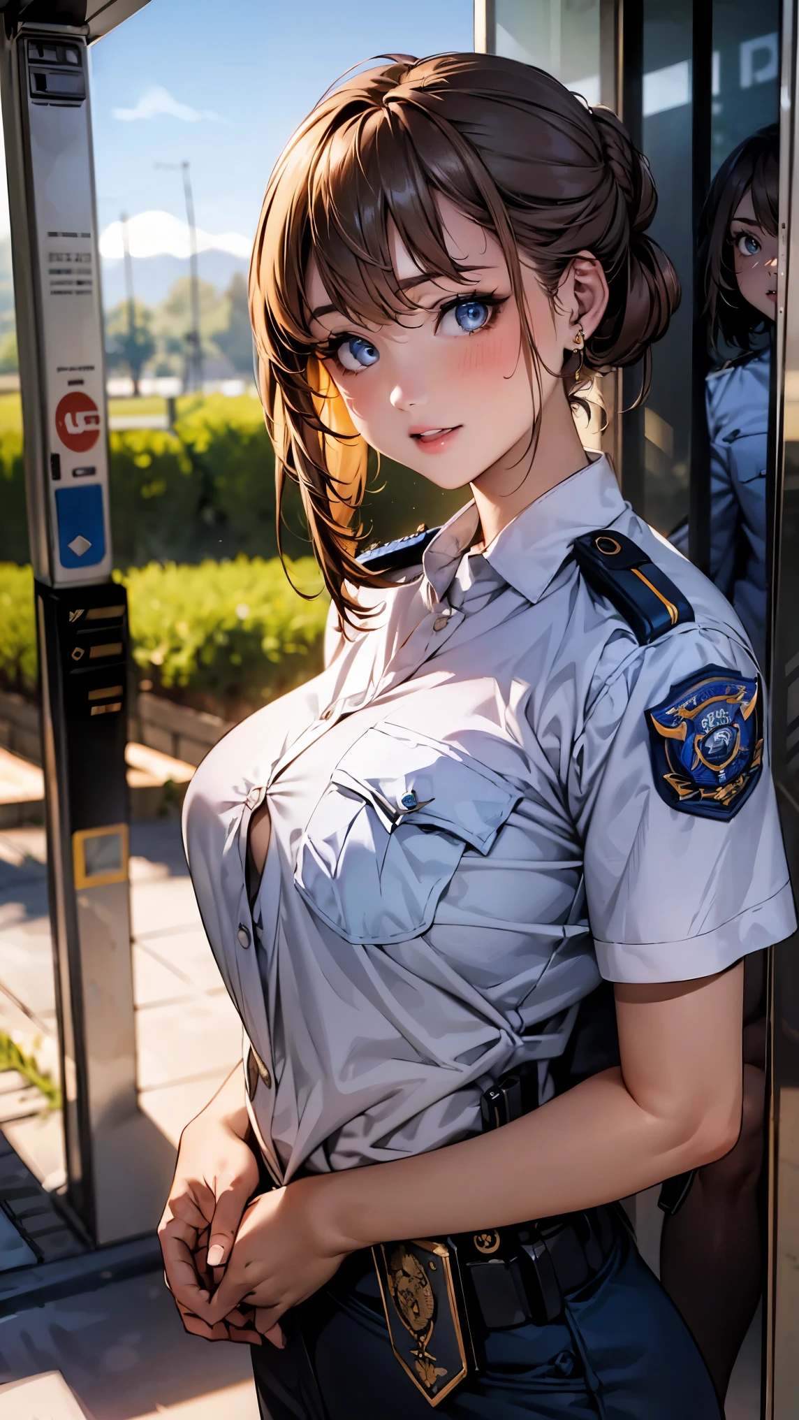 (masterpiece:1.2, highest quality), (realistic, photorealistic:1.4), beautiful illustrations, (natural side lighting, movie lighting),
looking at the viewer, Upper body, (Front view), 1 girl, Japanese, high school girl, perfect face, Cute symmetrical face, shiny skin, baby face, long eyelashes, (big breasts),
beautiful hair, beautiful face, fine and beautiful eyes, beautiful body, beautiful breasts, beautiful thighs, beautiful feet, beautiful fingers,
(beautiful scenery), (cute smile, upper grade), (1 girl), (Brown-haired chignon:1.6), yellow eyes、white skin、(police uniform:1.5)