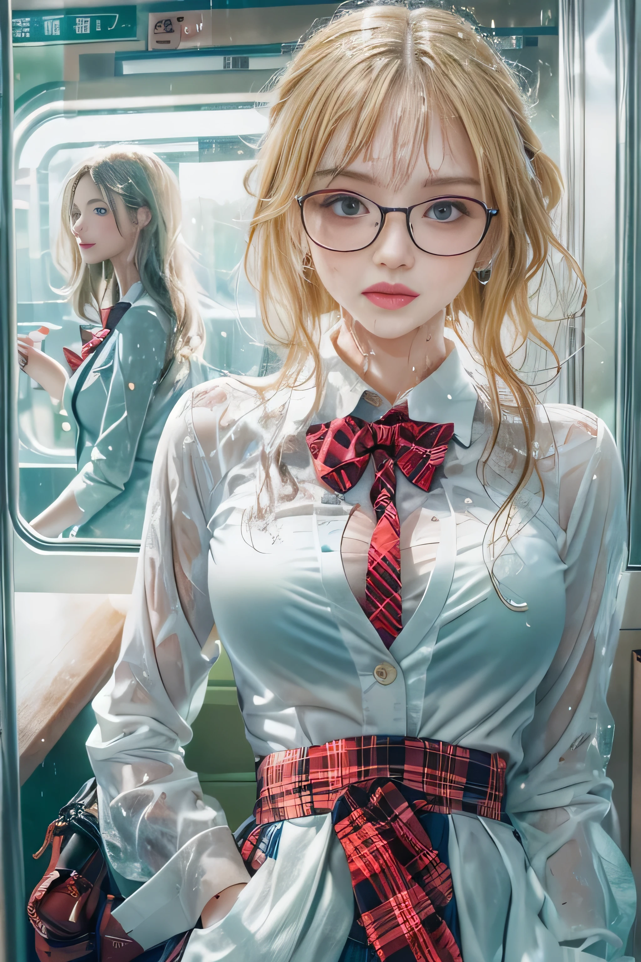 (( on the train door))、((wet white blazer)),((translucent wet white blouse、red bow tie、dark blue checked skirt)).((No bra)) 40k, photograph, table top, highest quality, rain pattern background, (( Gorgeous wet blonde girl with beautiful eyes, she wears glasses on her beautiful face, )). white skin, various poses.((medium sized breasts,:1.1)), highest quality, table top, ultra high resolution, (realistic:1.4), RAWphotograph, (perfect body shape), (slim:1.3), slimなお腹, Perfect slim figure, dynamic pose, (((big :0.9))), alone, Cold light 12000K, very detailed facial and skin texture, fine eyes, realistic eyes, fine and beautiful eyes, (realistic skin), charm, 超A high resolution, 超realistic, very detailed,((she is soaking wet))、(())、((Rear view)),((look back))、