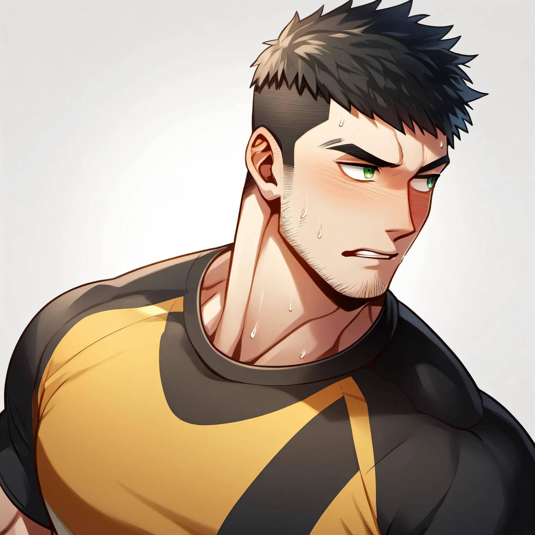 1muscular sportsman, male focus, Yellow and black tight T-shirt, muscular male, muscular, only, Upper body, alone, look to the side, short hair, stubble, black hair, green eyes, White background, simple background, amazing quality, best aesthetics, Ridiculous, short hair, bright pupils, open lips, Sweat, Awkward, blush, best quality
