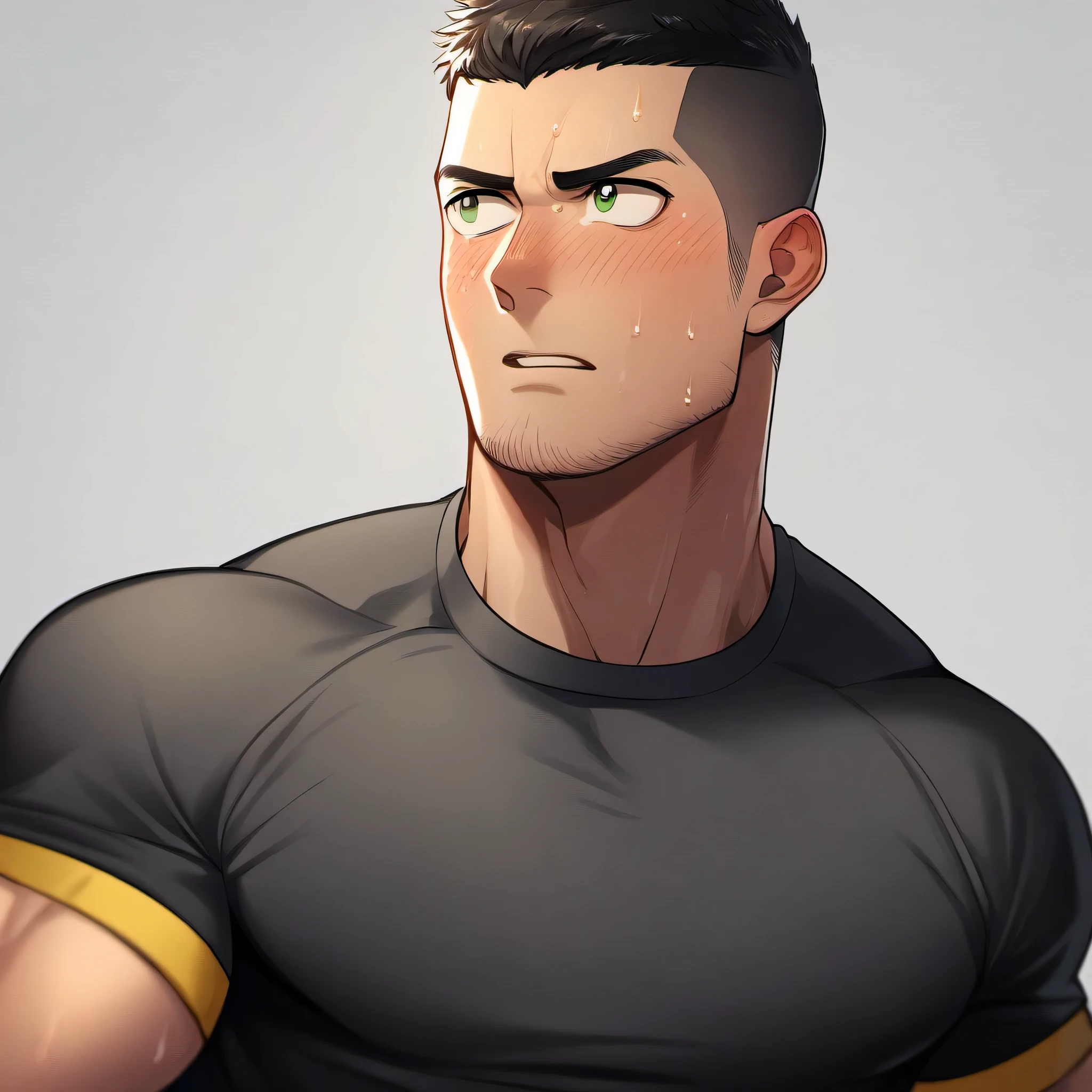 1muscular sportsman, male focus, Yellow and black tight T-shirt, muscular male, muscular, only, Upper body, alone, look to the side, short hair, stubble, black hair, green eyes, White background, simple background, amazing quality, best aesthetics, Ridiculous, short hair, bright pupils, open lips, Sweat, Awkward, blush, best quality