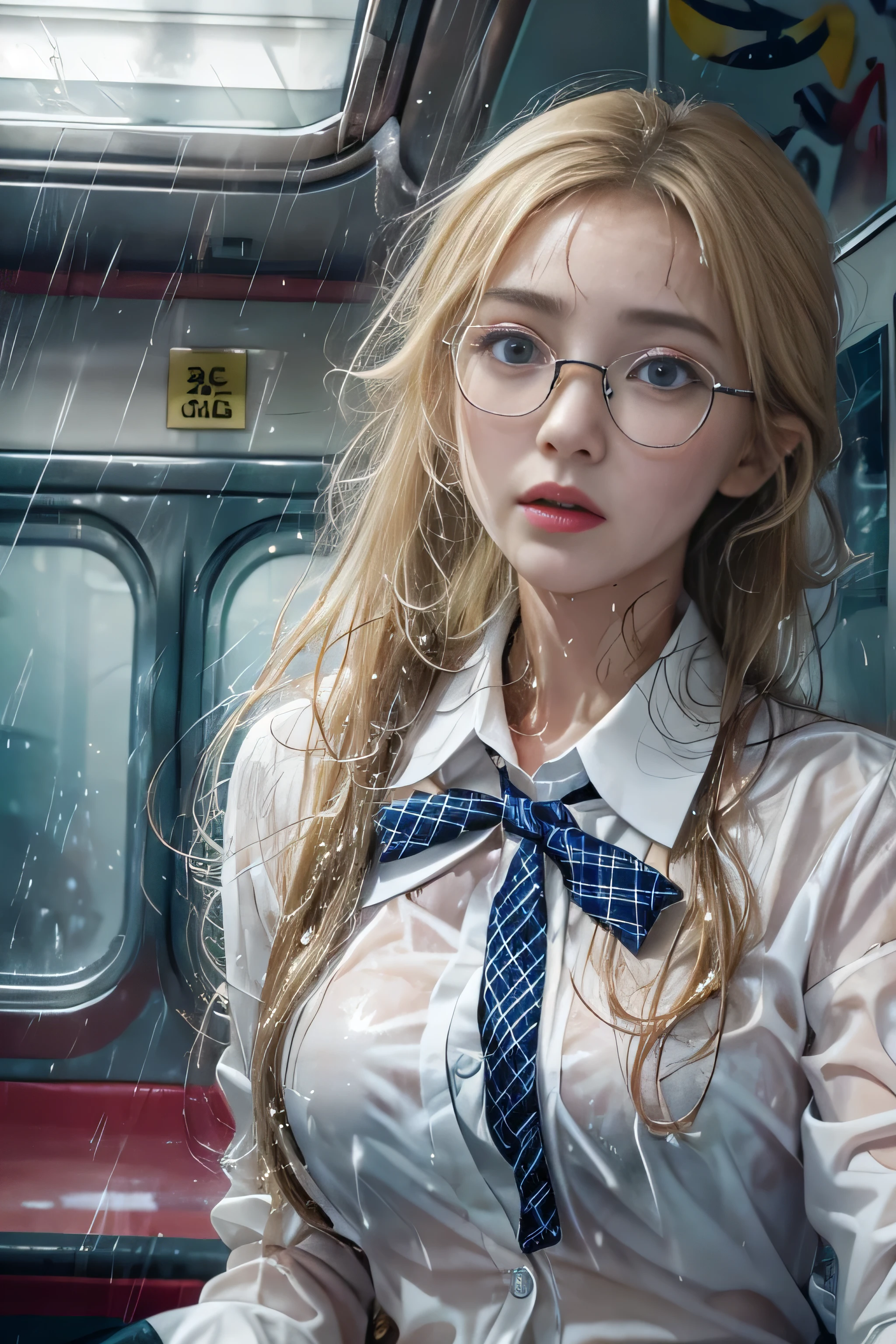 (( on the train door))、((wet white blazer)),((translucent wet white blouse、red bow tie、dark blue checked skirt)).((No bra)) ,(nipple),40k, photograph, table top, highest quality, rain pattern background, (( Gorgeous wet blonde girl with beautiful eyes, she wears glasses on her beautiful face, )). white skin, various poses.((medium sized breasts,:1.1)), highest quality, table top, ultra high resolution, (realistic:1.4), RAWphotograph, (perfect body shape), (slim:1.3), slimなお腹, Perfect slim figure, dynamic pose, (((big :0.9))), alone, Cold light 12000K, very detailed facial and skin texture, fine eyes, realistic eyes, fine and beautiful eyes, (realistic skin), charm, 超A high resolution, 超realistic, very detailed,((she is soaking wet))、(())、((Rear view)),((look back))、