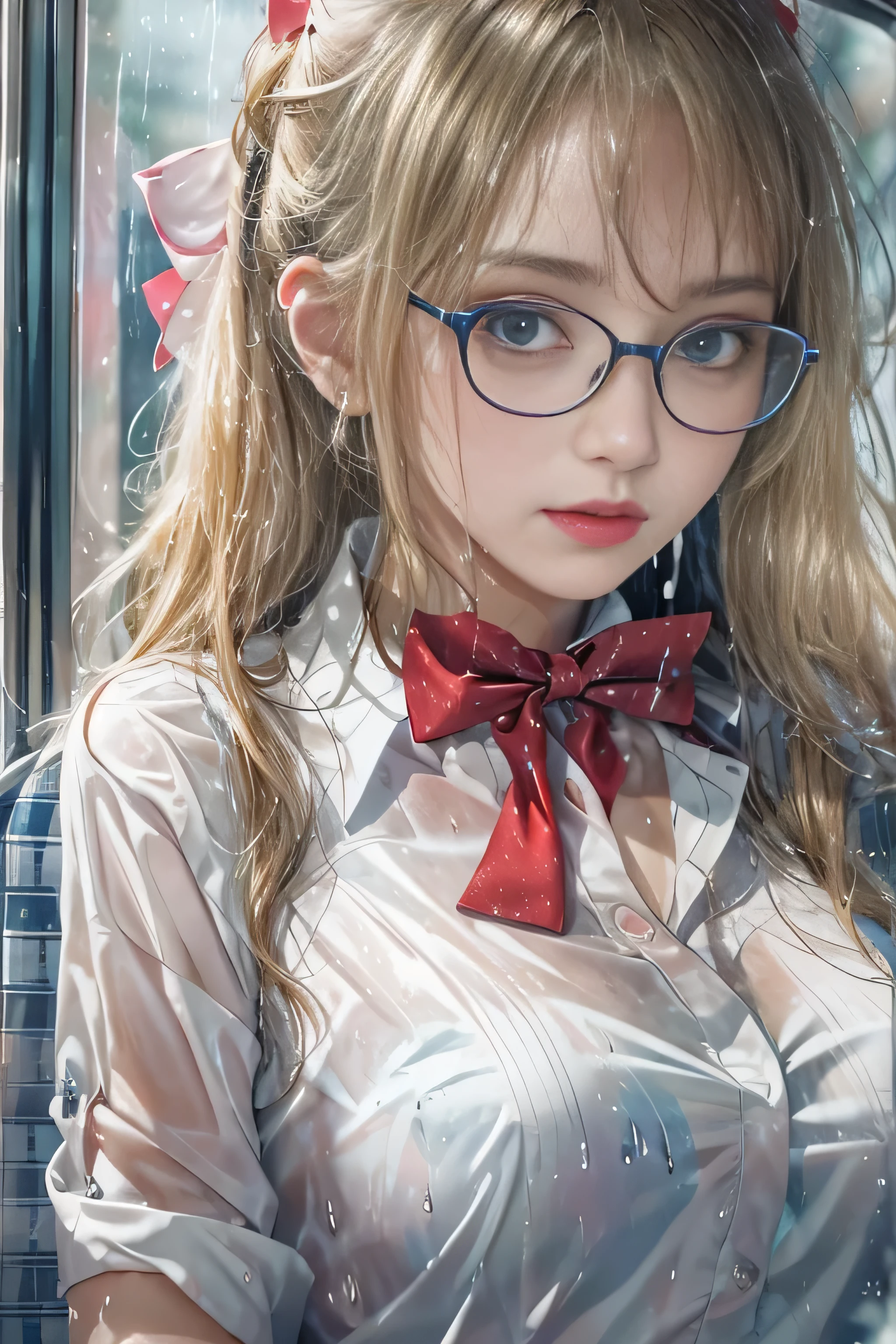 (( on the train door)),((translucent wet white blouse、red bow tie、dark blue checked skirt)).((No bra)) 40k, photograph, table top, highest quality, rain pattern background, (( Gorgeous wet blonde girl with beautiful eyes, she wears glasses on her beautiful face, )). white skin, various poses.((medium sized breasts,:1.1)), highest quality, table top, ultra high resolution, (realistic:1.4), RAWphotograph, (perfect body shape), (slim:1.3), slimなお腹, Perfect slim figure, dynamic pose, (((big :0.9))), alone, Cold light 12000K, very detailed facial and skin texture, fine eyes, realistic eyes, fine and beautiful eyes, (realistic skin), charm, 超A high resolution, 超realistic, very detailed,((she is soaking wet)),