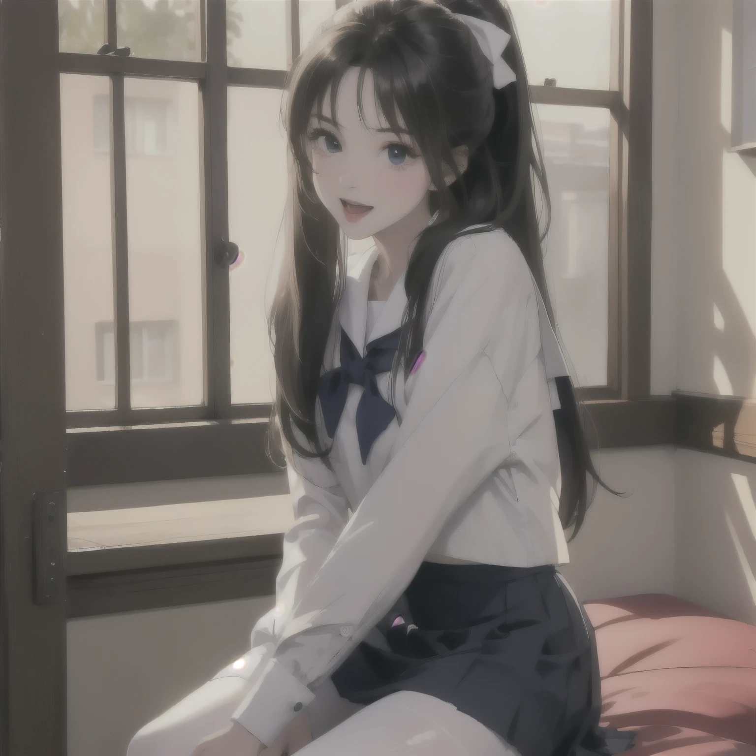 (8k),nsfw, (masterpiece:1.3), best quality, full color, illustration, high-res, extremely detailed, ultimate intricate, detailed beautiful eyes, detailed beautiful face, 1girl, solo, narrow waist, skinny, long hair, high ponytail, school uniform, skirt, serafuku, short sleeves, bow, sailor collar, shirt, ribbon, (blue skirt), (white shirt), (black pantyhose), open mouth, smile, fang, Sitting down,