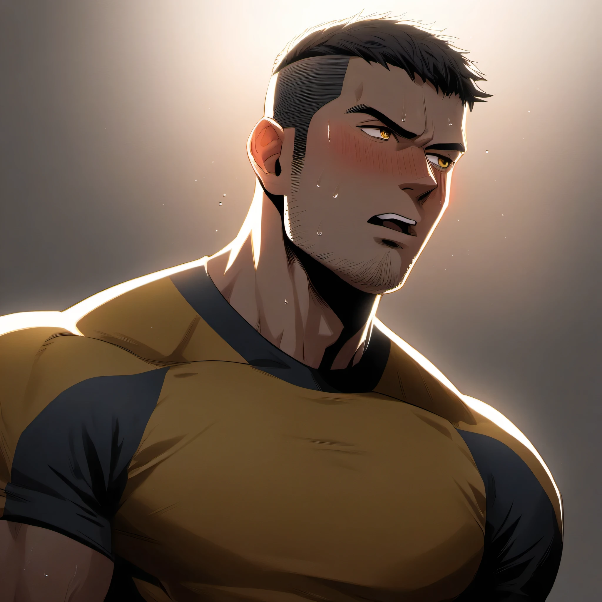 1muscular sportsman, male focus, Yellow and black tight T-shirt, muscular male, muscular, only, Upper body, alone, look to the side, short hair, stubble, Sweat, black hair, yellow eyes, open lips, White background, simple background, amazing quality, best aesthetics, Ridiculous, short hair, moan, blush, chiaroscuro, movie lighting, best quality, textured skin