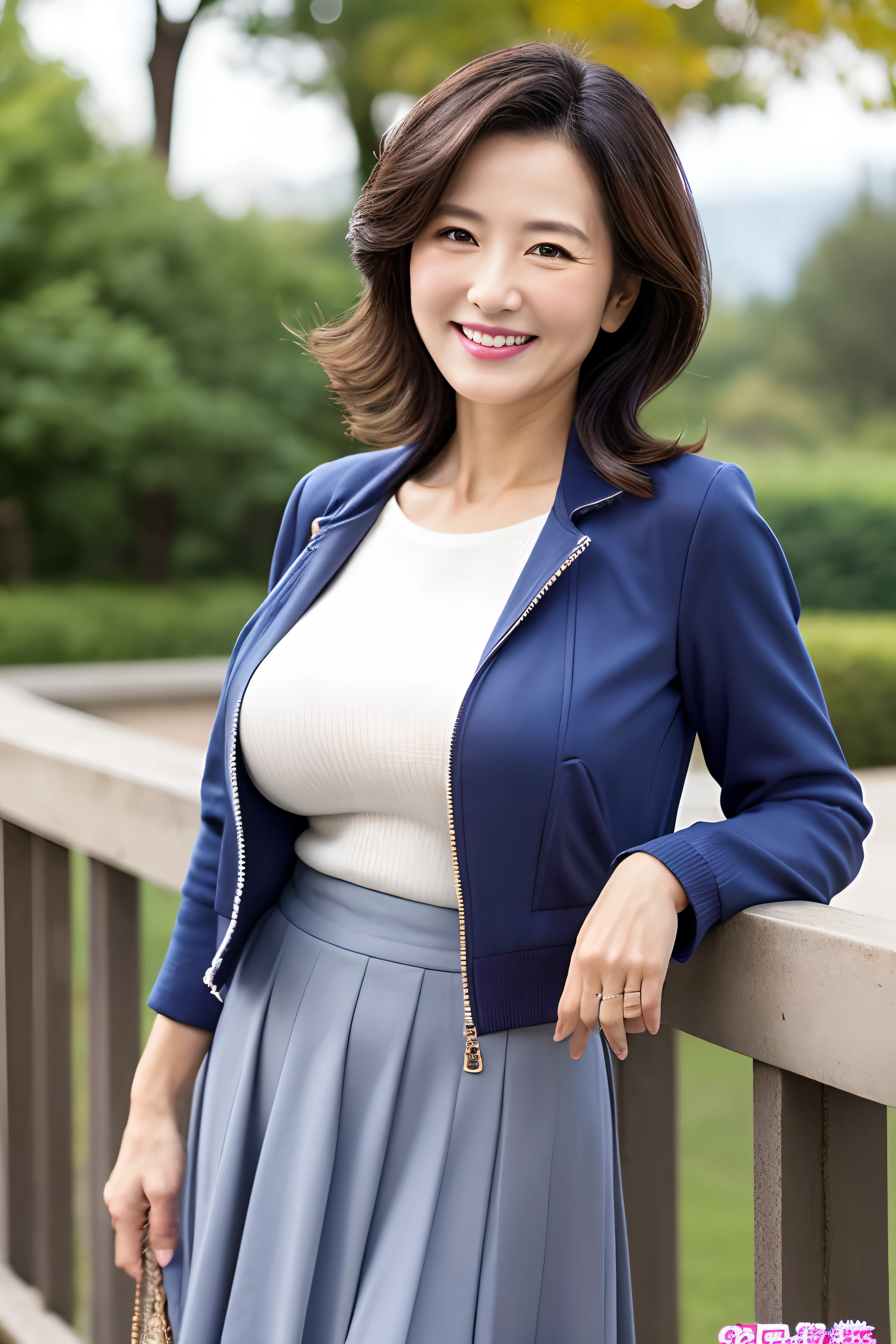 mature and attractive woman、40 years old、1 person、bbw、navy blue jacket, gray skirt、big breasts、laughter、masterpiece、highest quality