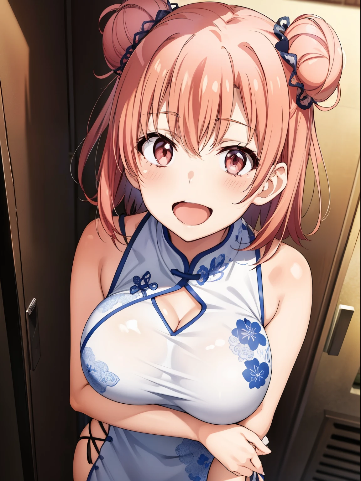 (highest quality, High resolution, perfect pixel, Depth of the bounds written, 4k, beautiful anime girl),  
looking at the viewer, 
perfect body,  

Yuigahama Yui, short hair, hair buns, 
large breast, 
(blush all over the face, embarrassing:1.1), smile, open mouth, 
 
Women&#39;s locker room, 

(oekakizuki china dress), 
from above, upper eyes, 
