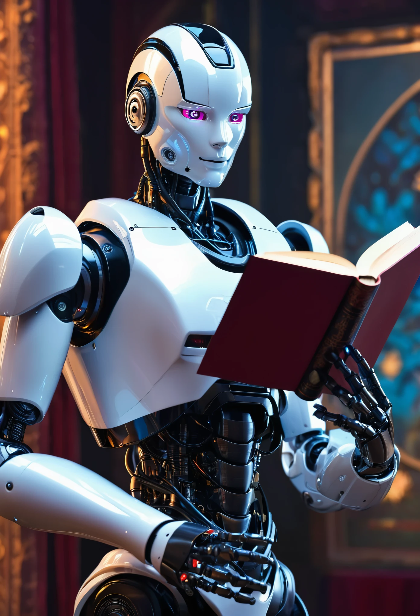 A male humanoid robot with a fantasy background holding a book in front of the viewer as the robot&#39;s eyes light up and its mechanical heart glows 