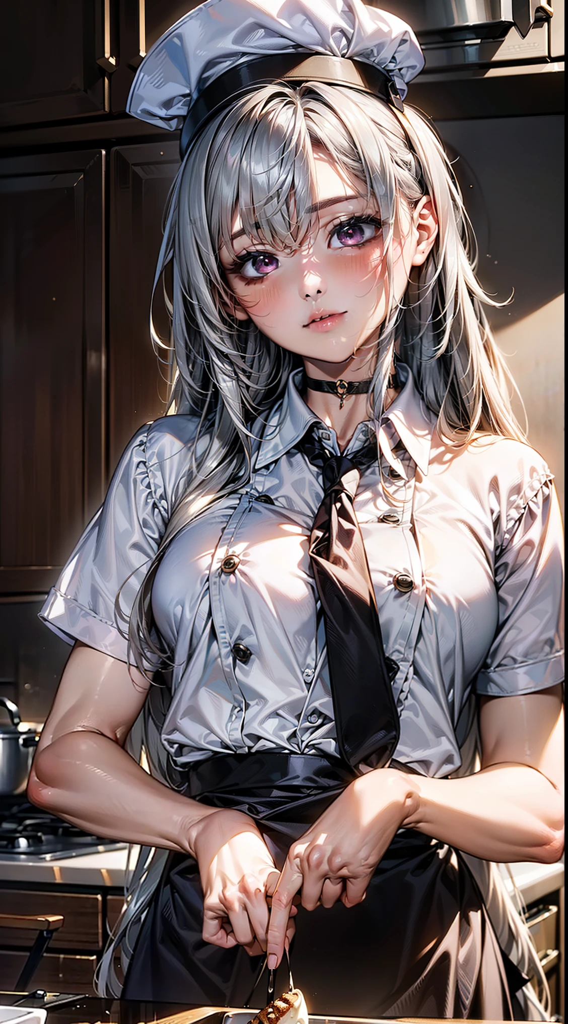 ((long hair, silver hair:1.8, tie hair back:1.6)), (shining purple eyes)beautiful, beautiful woman, perfect anatomy, perfect body, perfect breasts, ((Pastry Chef Uniforms:1.95, chef hat:1.6, choker)), (kitchen:1.6), (kitchenに手をついたバックStyle:1.65), Look at the audience while blushing, slight smile, realism, masterpiece, rough skin , Super detailed, high detail, high quality, 最high quality, 1080p, 16k