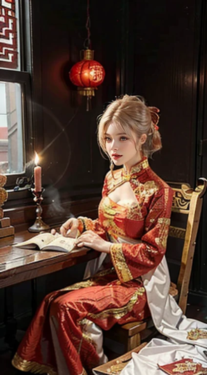 (Ultra-realistic 8k CG: 1.2), perfect artwork, delicate patterns, intricate details, (unparalleled masterpiece, best quality: 1.2), (extremely complex: 1.2), a woman in a red and gold dress, (sitting on a red bed), makeup, blush, shyness, white hair, looking down, cosmetics, (forehead point), (2 red candles), Chinese_clothes, curtains, earrings,hanfu, interior, jewelry, red nails, long_sleeves, red dress, red lips, tassels, (red quilt), (red palace: 1.2), (ancient Chinese architecture), (red: 1.8), night, background 4 Loong , background 4 fangs