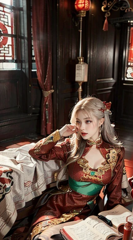 (Ultra-realistic 8k CG: 1.2), perfect artwork, delicate patterns, intricate details, (unparalleled masterpiece, best quality: 1.2), (extremely complex: 1.2), a woman in a red and gold dress, (sitting on a red bed), makeup, blush, shyness, white hair, looking down, cosmetics, (forehead point), (2 red candles), Chinese_clothes, curtains, earrings,hanfu, interior, jewelry, red nails, long_sleeves, red dress, red lips, tassels, (red quilt), (red palace: 1.2), (ancient Chinese architecture), (red: 1.8), night, background 4 Loong , background 4 fangs