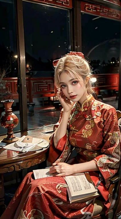 (Ultra-realistic 8k CG: 1.2), perfect artwork, delicate patterns, intricate details, (unparalleled masterpiece, best quality: 1.2), (extremely complex: 1.2), a woman in a red and gold dress, (sitting on a red bed), makeup, blush, shyness, white hair, looking down, cosmetics, (forehead point), (2 red candles), Chinese_clothes, curtains, earrings,hanfu, interior, jewelry, red nails, long_sleeves, red dress, red lips, tassels, (red quilt), (red palace: 1.2), (ancient Chinese architecture), (red: 1.8), night, background 4 Loong , background 4 fangs