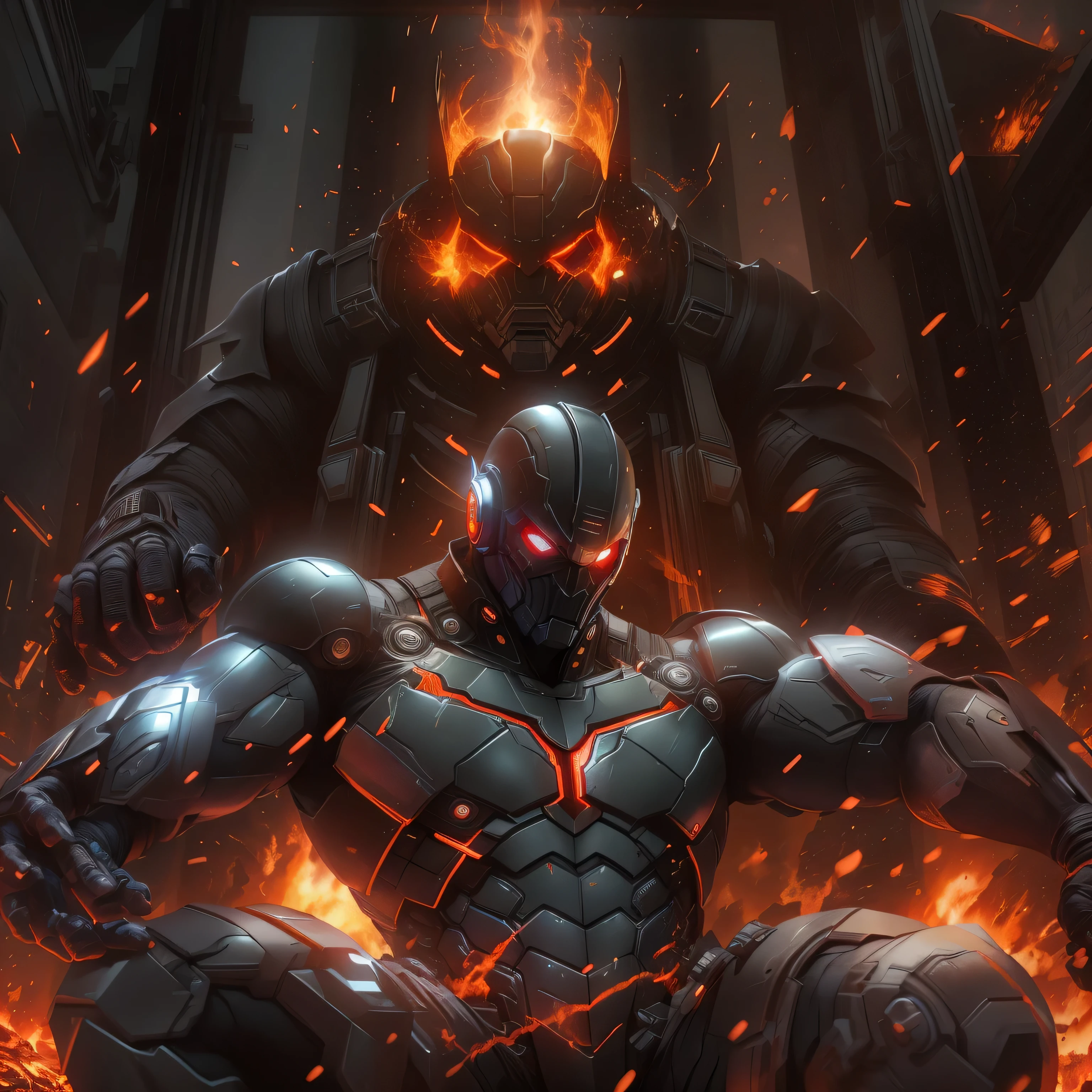 DC comic's Cyborg black man in dark knight costume in front of a fire, epic anime art, artgerm craig mullins, anime concept hdr anime macmanus, jin - roh, by Arthur Pan, antoine collignon, by Yang J, with bright red eyes, style of raymond swanland, artgerm and craig mullins, red son, dan mumford. 8k octane rendering