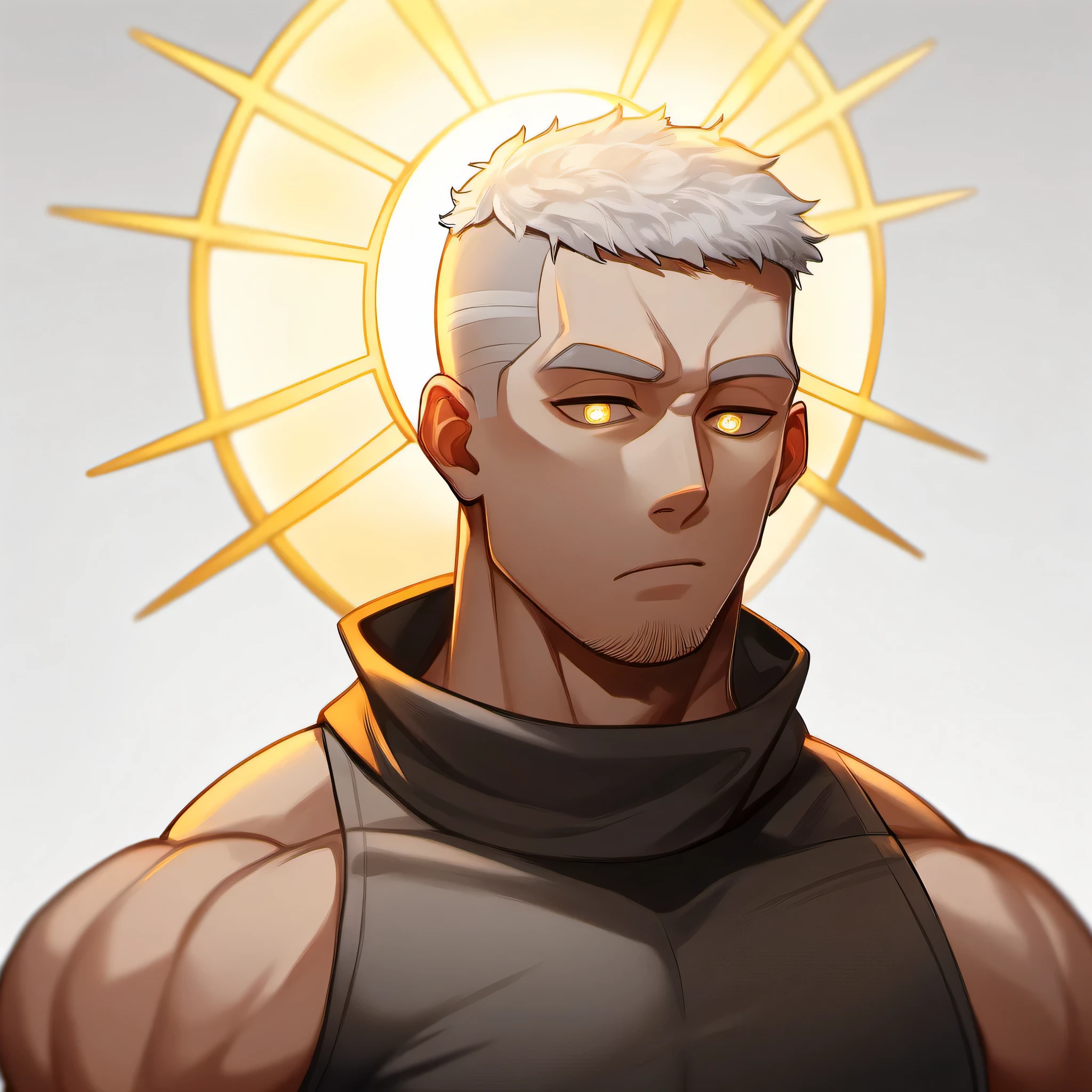 1 muscular monk, male focus, White compression pantyhose, white hair, muscular male, muscular, only, Upper body, alone, white short hair, stubble, yellow eyes, White background, simple background, amazing quality, best aesthetics, Ridiculous, bright pupils, There is a dazzling halo behind the head, halo, sigh, short hair, best quality