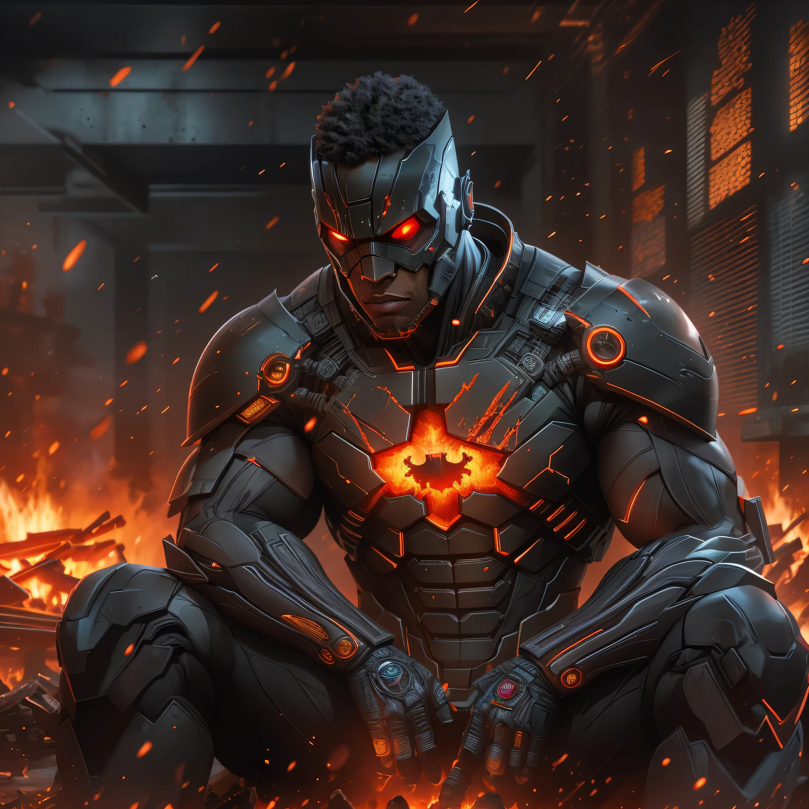 DC comic's Cyborg black man in dark knight costume in front of a fire, epic anime art, artgerm craig mullins, anime concept hdr anime macmanus, jin - roh, by Arthur Pan, antoine collignon, by Yang J, with bright red eyes, style of raymond swanland, artgerm and craig mullins, red son, dan mumford. 8k octane rendering