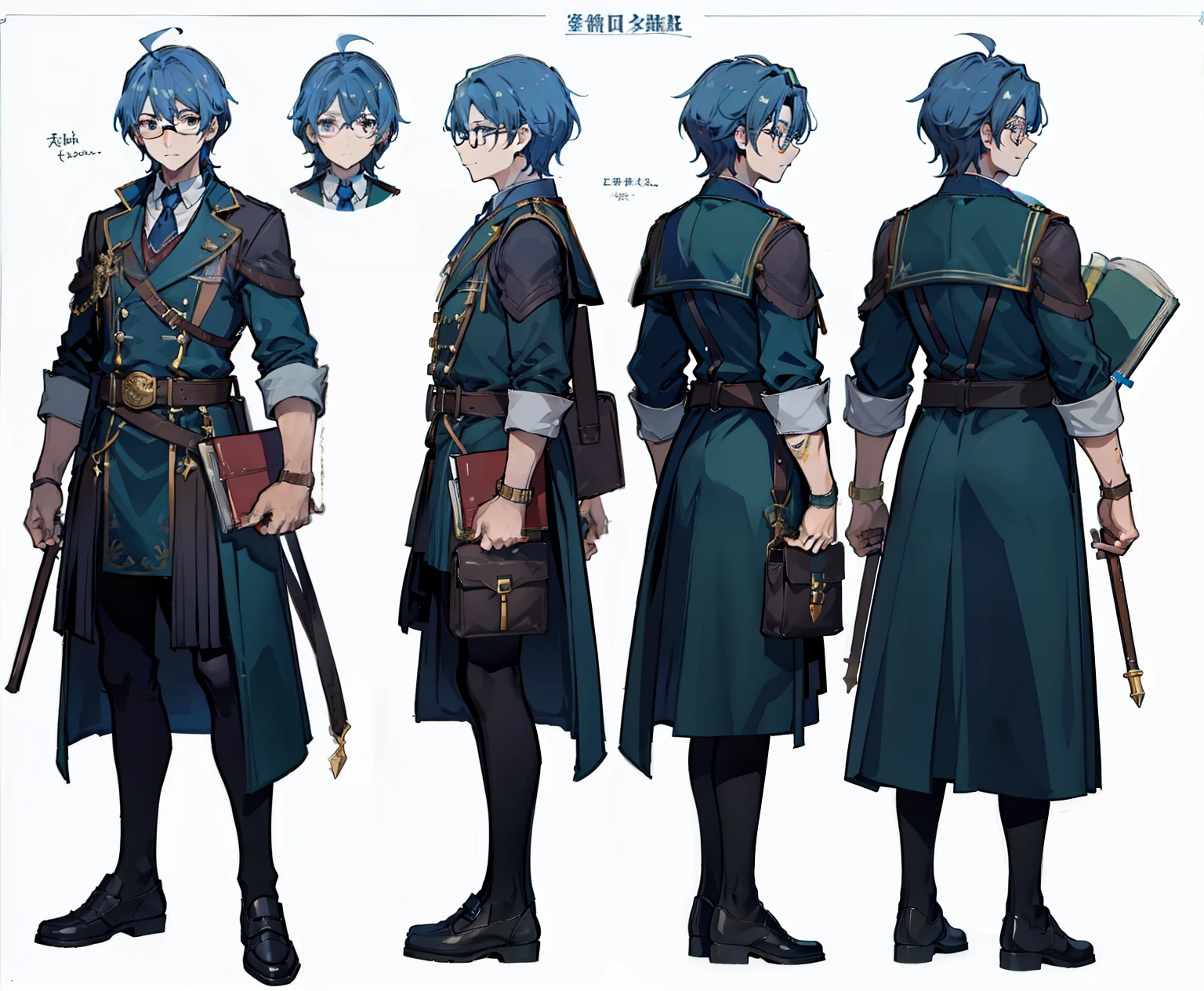 1 man, Reference sheet, (fantasy character design, front angle, back angle) Thaddeus. scholarly-looking man. beautiful young man, wear glasses、Carry a school bag full of scrolls and notebooks. Well tailored, Practical attire suitable for alchemical pursuits. A masterpiece that creates an atmosphere of intellectual curiosity and passion for research.:1.2), (highest quality:1.3).