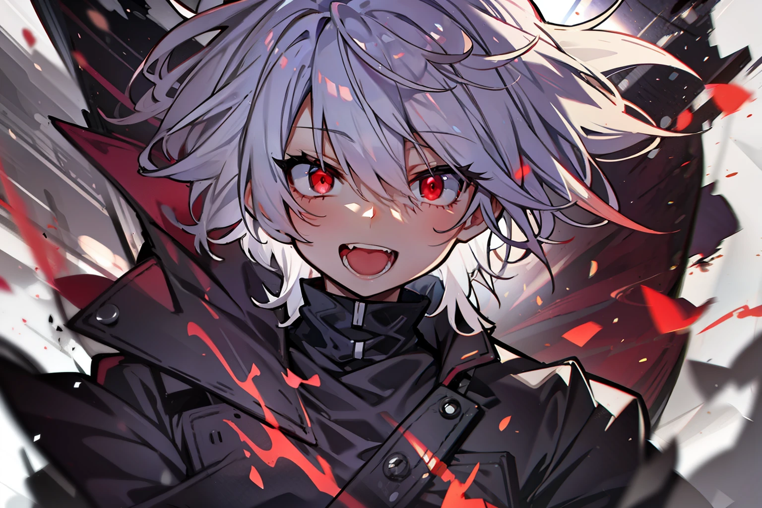 One Person,Anime boy with white hair and red eyes looks at camera, Glowing red eyes,slim, dressed in a black outfit,Shadow Body,monochromes,hair messy,Crazy smile,open mouth