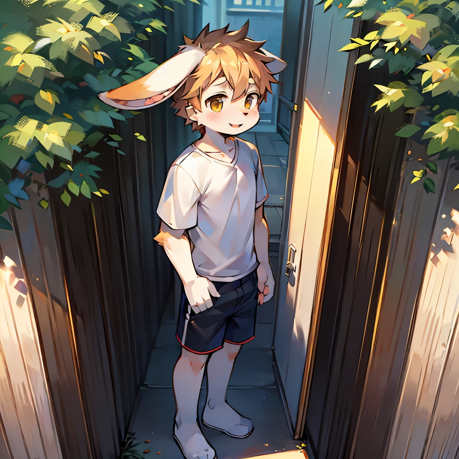 Bright outside,bunny boy,bunny ears,Rabbit with two ears,male focus,furry men,Characteristics of a -year-boy,te year once,Furry Shota,One meter six height,White T-shirt,shorts,Standing posture,happy