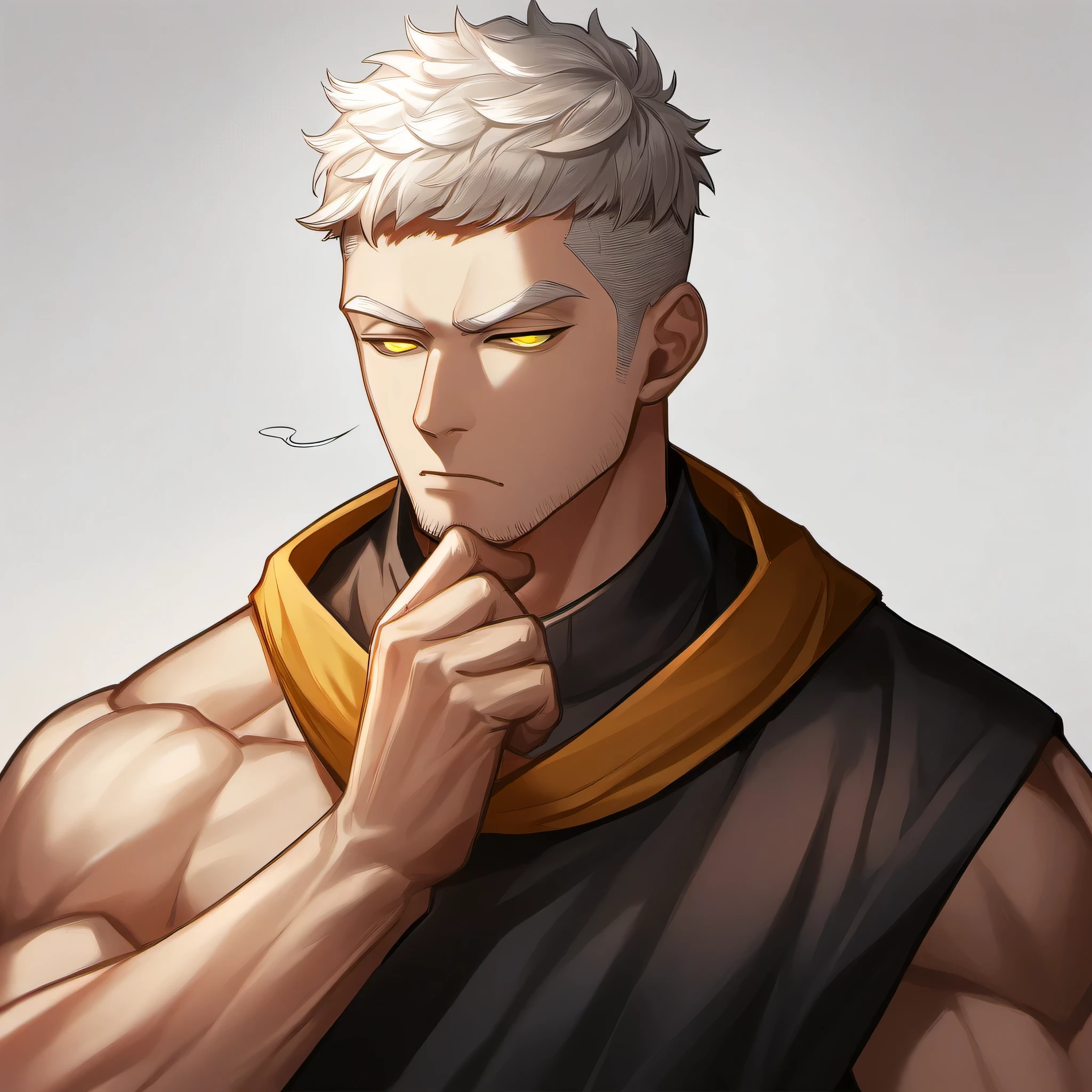 1 young muscular monk, male focus, White compression pantyhose, white hair, muscular male, muscular, only, Upper body, alone, white short hair, stubble, yellow eyes, White background, simple background, amazing quality, best aesthetics, Ridiculous, bright pupils, sigh, short hair, best quality
