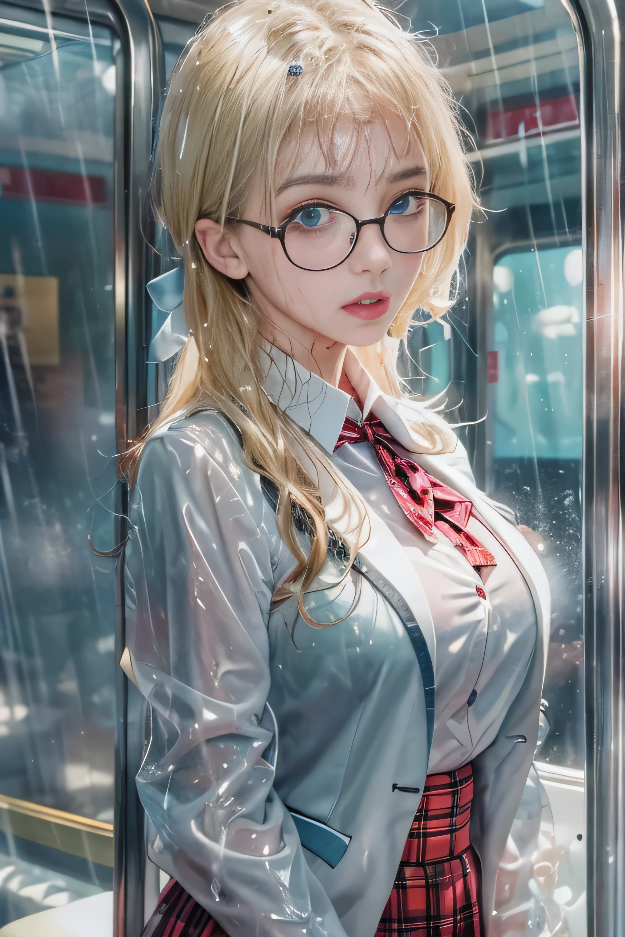 (( on the train door))、((wet white blazer)),((translucent wet white blouse、red bow tie、dark blue checked skirt)).((No bra)) ,(nipple),40k, photograph, table top, highest quality, rain pattern background, (( Gorgeous wet blonde girl with beautiful eyes, she wears glasses on her beautiful face, )). white skin, various poses.((medium sized breasts,:1.1)), highest quality, table top, ultra high resolution, (realistic:1.4), RAWphotograph, (perfect body shape), (slim:1.3), slimなお腹, Perfect slim figure, dynamic pose, (((big :0.9))), alone, Cold light 12000K, very detailed facial and skin texture, fine eyes, realistic eyes, fine and beautiful eyes, (realistic skin), charm, 超A high resolution, 超realistic, very detailed,((she is soaking wet))、(())、((Rear view)),((look back))、