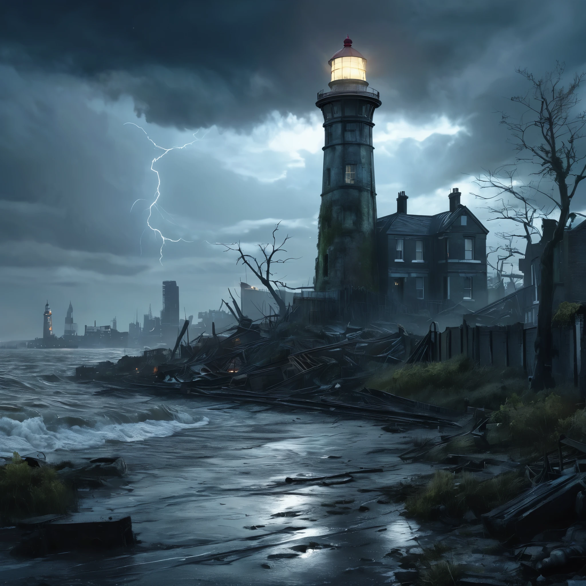 A hauntingly beautiful lighthouse stands tall amidst the desolate ruins of a post-apocalyptic world overrun by the shambling hordes of the undead. In the midst of the chaos, the lighthouse still manages to shine its bright beacon, piercing the darkened sky as a beacon of hope amidst the ruins. Create a realistic and detailed painting that captures the eerie serenity of the scene, with London's dark, stormy skyline looming in the background as a chilling reminder of what was once a vibrant city. 