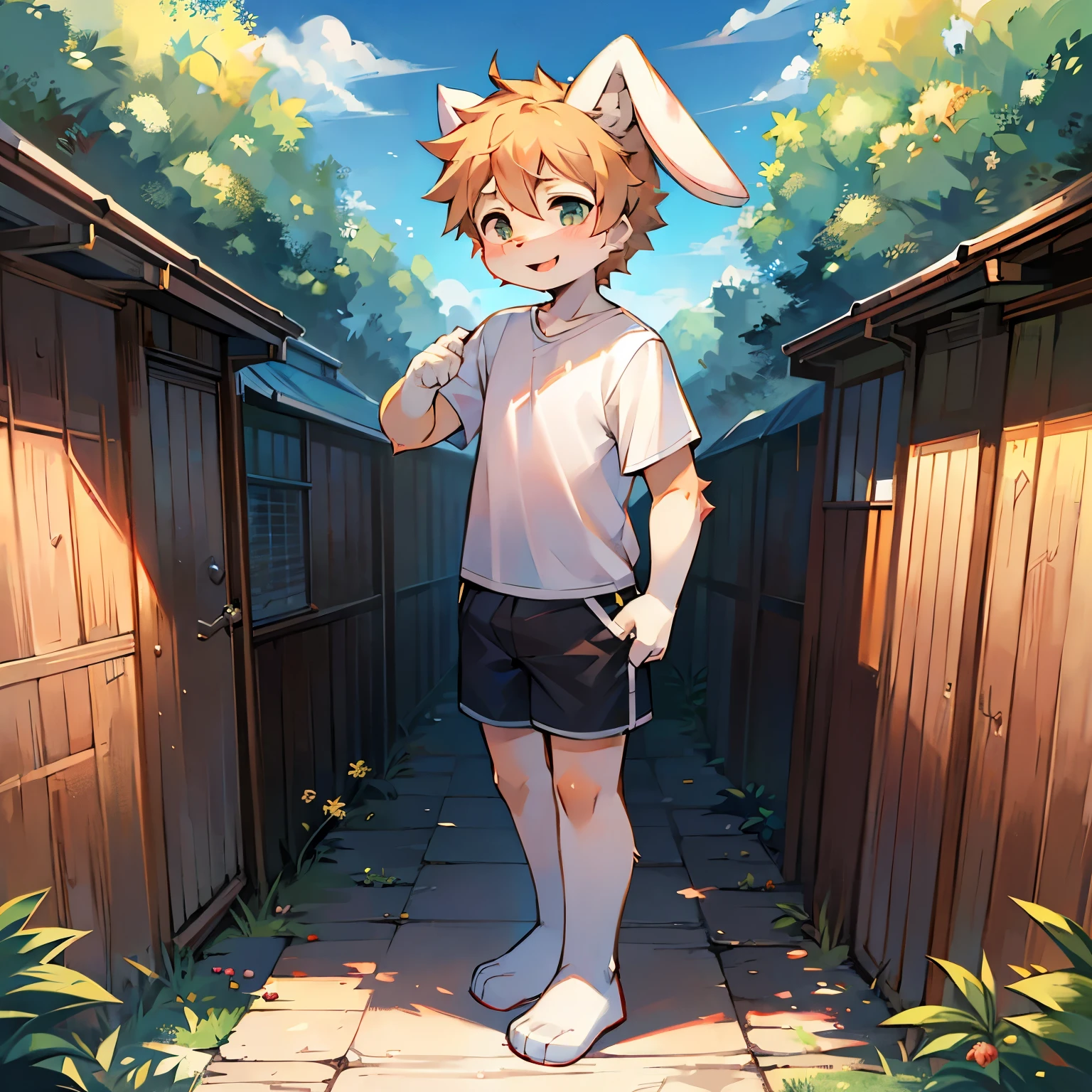 Bright outside,bunny boy,bunny ears,male focus,furry men,Characteristics of a -year-boy,te year once,Furry Shota,One meter six height,White T-shirt,shorts,Standing posture,happy
