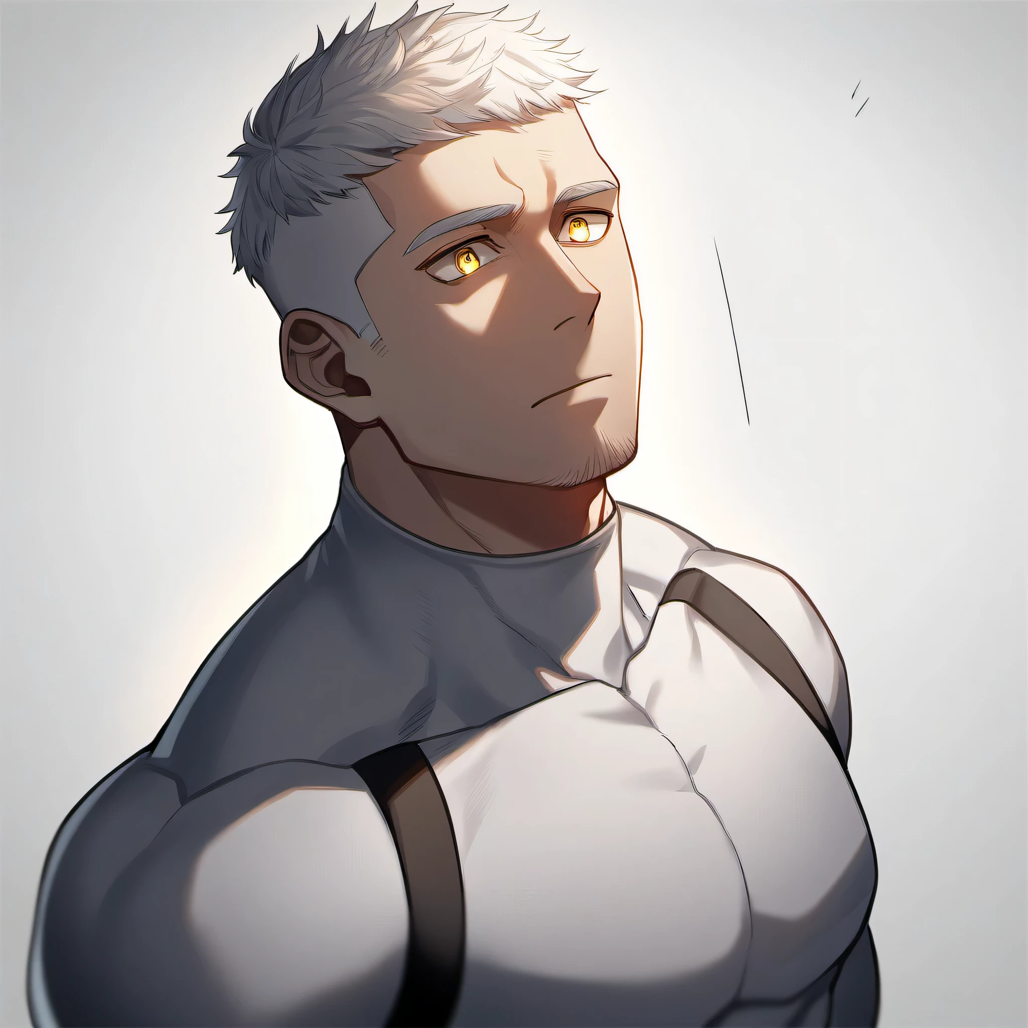 ung muscular male focus, White turtleneck compression pantyhose, white hair, muscular male, muscular, only, Upper body, alone, white short hair, stubble, yellow eyes, White background, simple background, amazing quality, best aesthetics, Ridiculous, bright pupils, sigh, short hair, best quality
