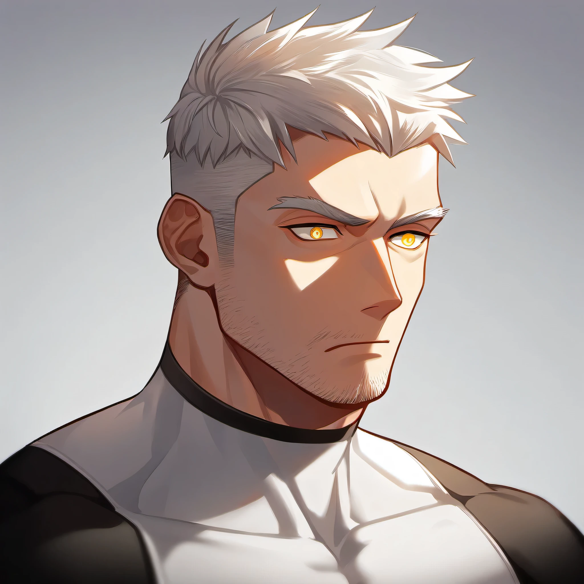 ung muscular male focus, White turtleneck compression pantyhose, white hair, muscular male, muscular, only, Upper body, alone, white short hair, stubble, yellow eyes, White background, simple background, amazing quality, best aesthetics, Ridiculous, bright pupils, sigh, short hair, best quality