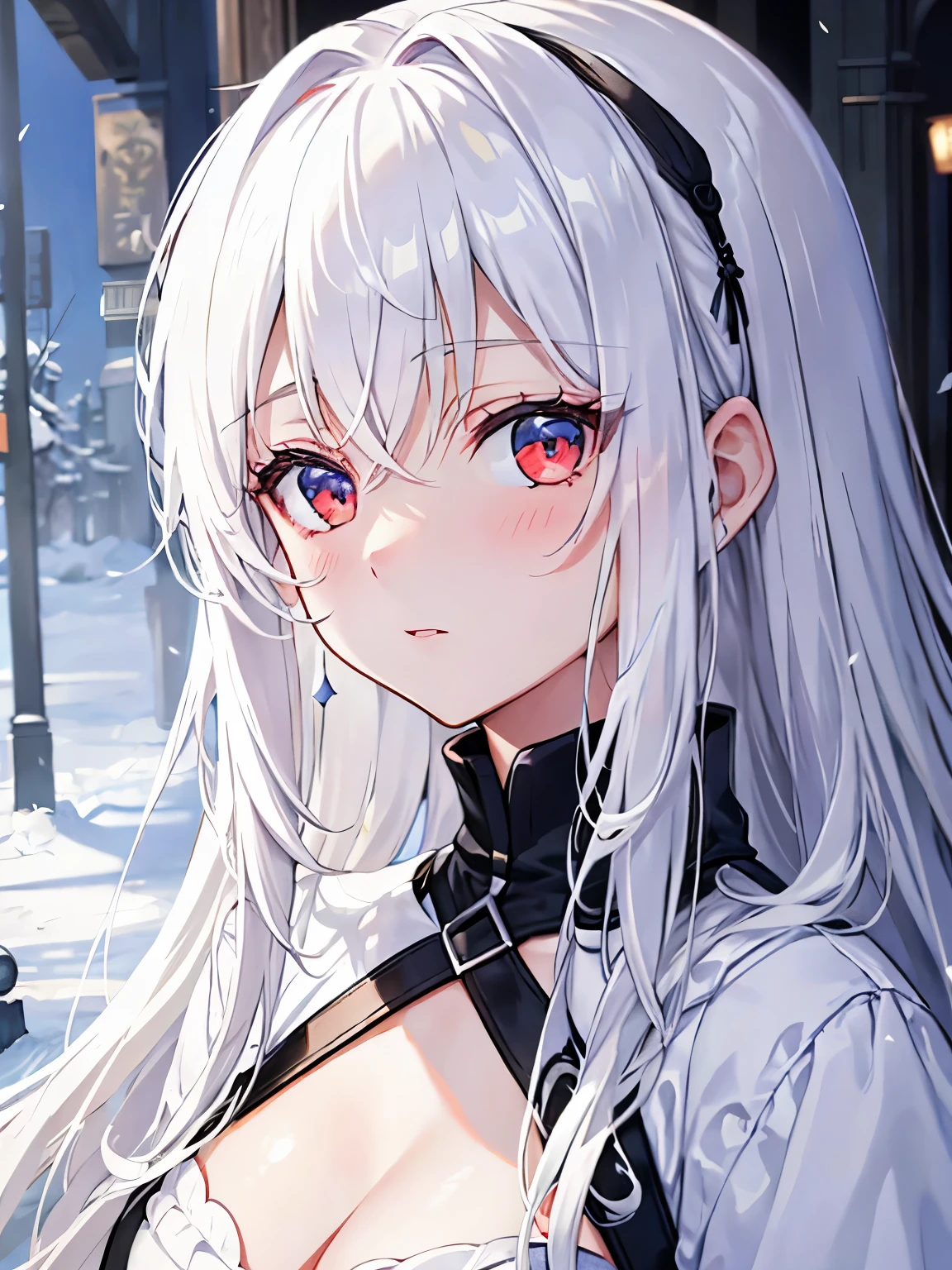 (masterpiece), best quality, expressive eyes, perfect face, Long snow white hair, red eyes, , blushing