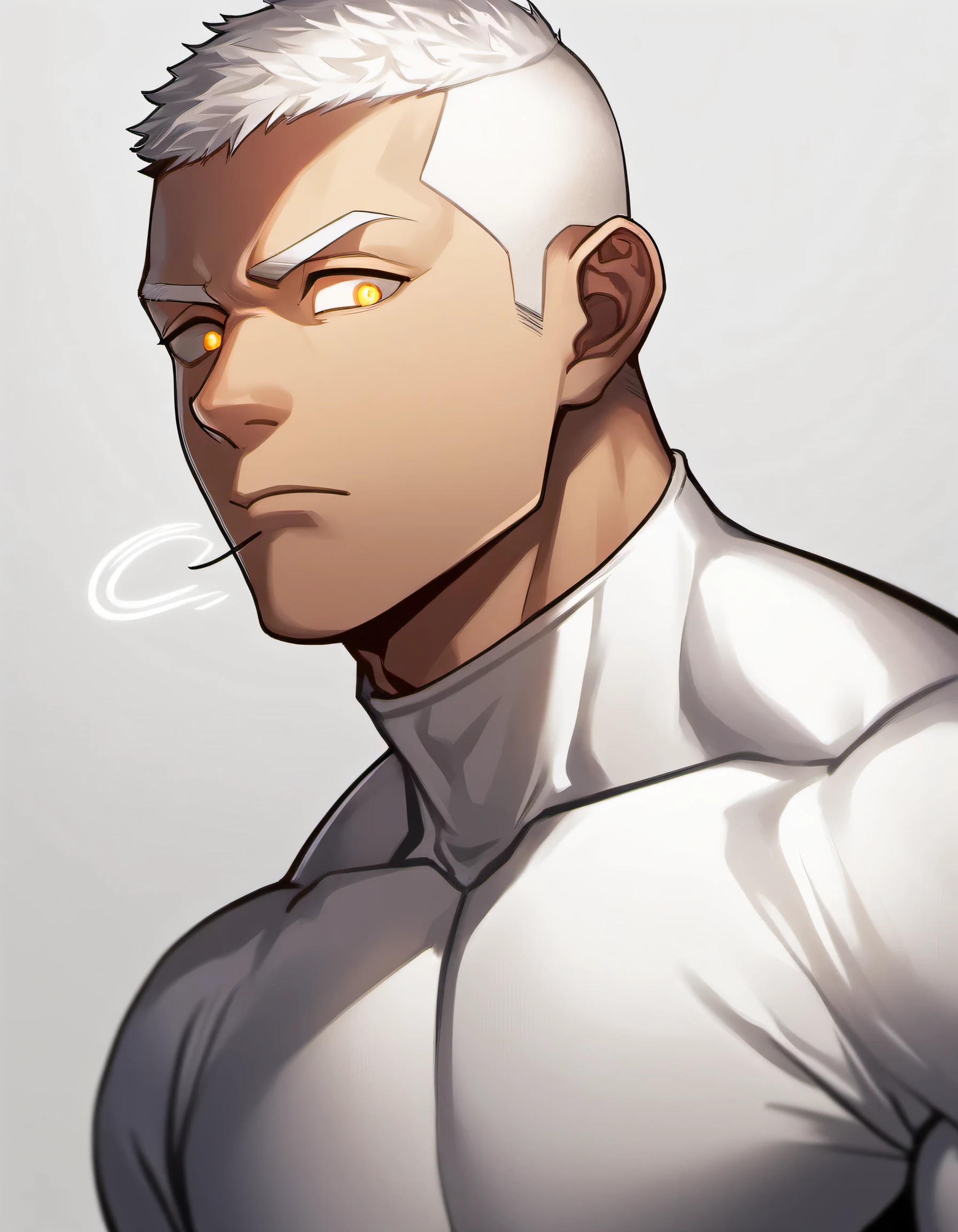 1 young muscular man,male focus, White turtleneck compression pantyhose, white hair, buzz clip,muscular male, muscular, only, Upper body, alone, white short hair, stubble, yellow eyes, White background, simple background, amazing quality, best aesthetics, Ridiculous, bright pupils, sigh, short hair, best quality