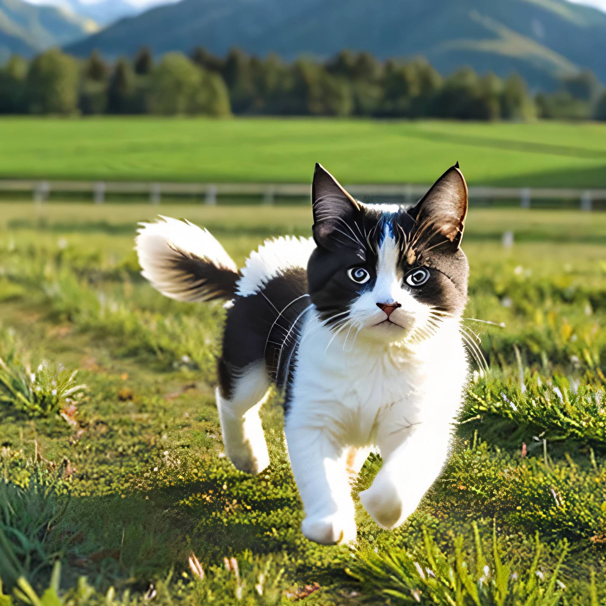 Cute kitten running through the fields laughing。cast a shadow。Actually!