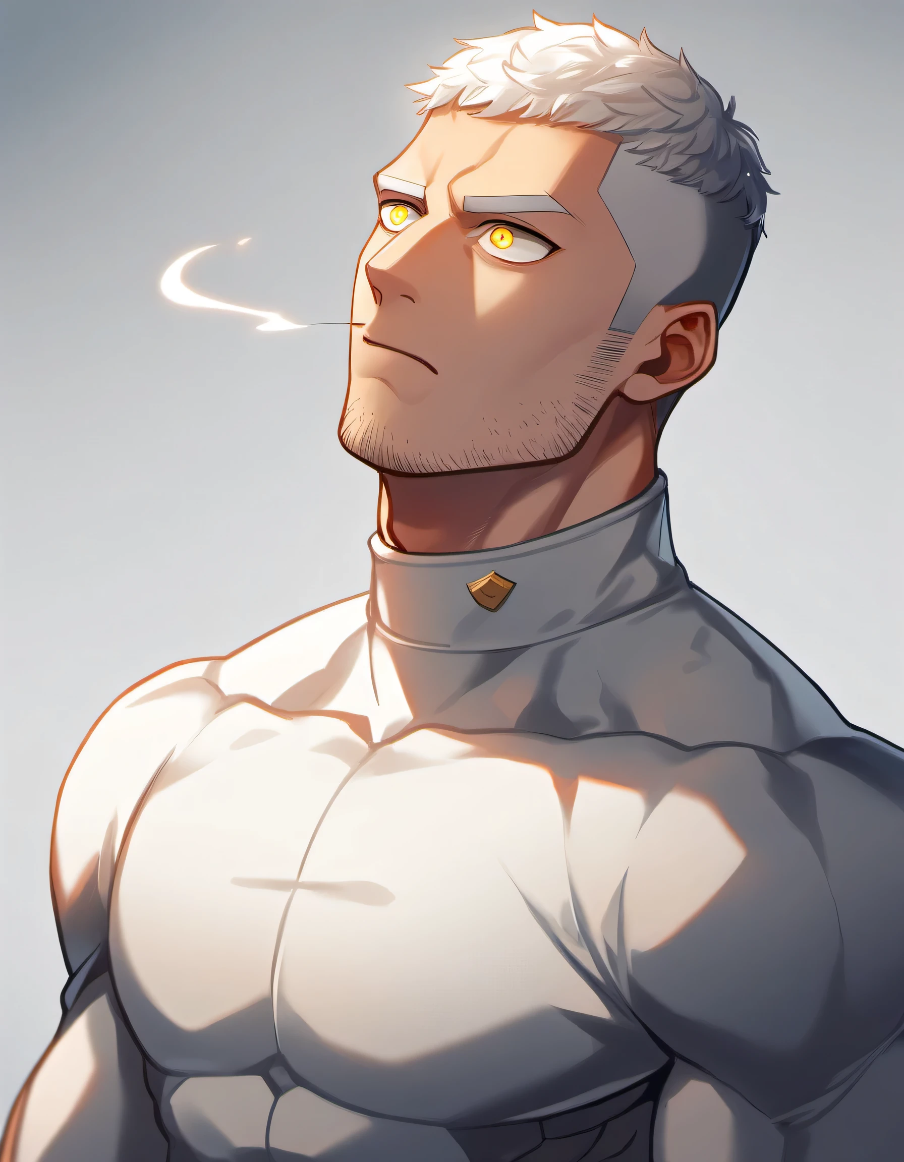 ung muscular man,male focus, White turtleneck compression pantyhose, white hair, buzz clip,muscular male, muscular, only, Upper body, alone, white short hair, stubble, yellow eyes, White background, simple background, amazing quality, best aesthetics, Ridiculous, bright pupils, sigh, short hair, best quality