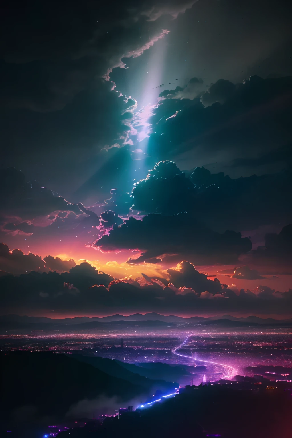 retrowave. city, car, road, purple neon lights, sun, mountain, (masterpiece, detailed, highres), (Luis Royo:1.2), (Yoshitaka Amano:1.1), moonlit night, soft colors, (detailed cloud landscape:1.3), (high resolution:1.2), masterpiece, best quality, high quality, high definition, high quality texture, high quality shadow, high detail, beautiful detailed, finely detailed, extremely detailed cg, detailed texture,  colorful, delicate, cinematic light, side lighting, Lens Flare, Ray tracing, sharp focus,