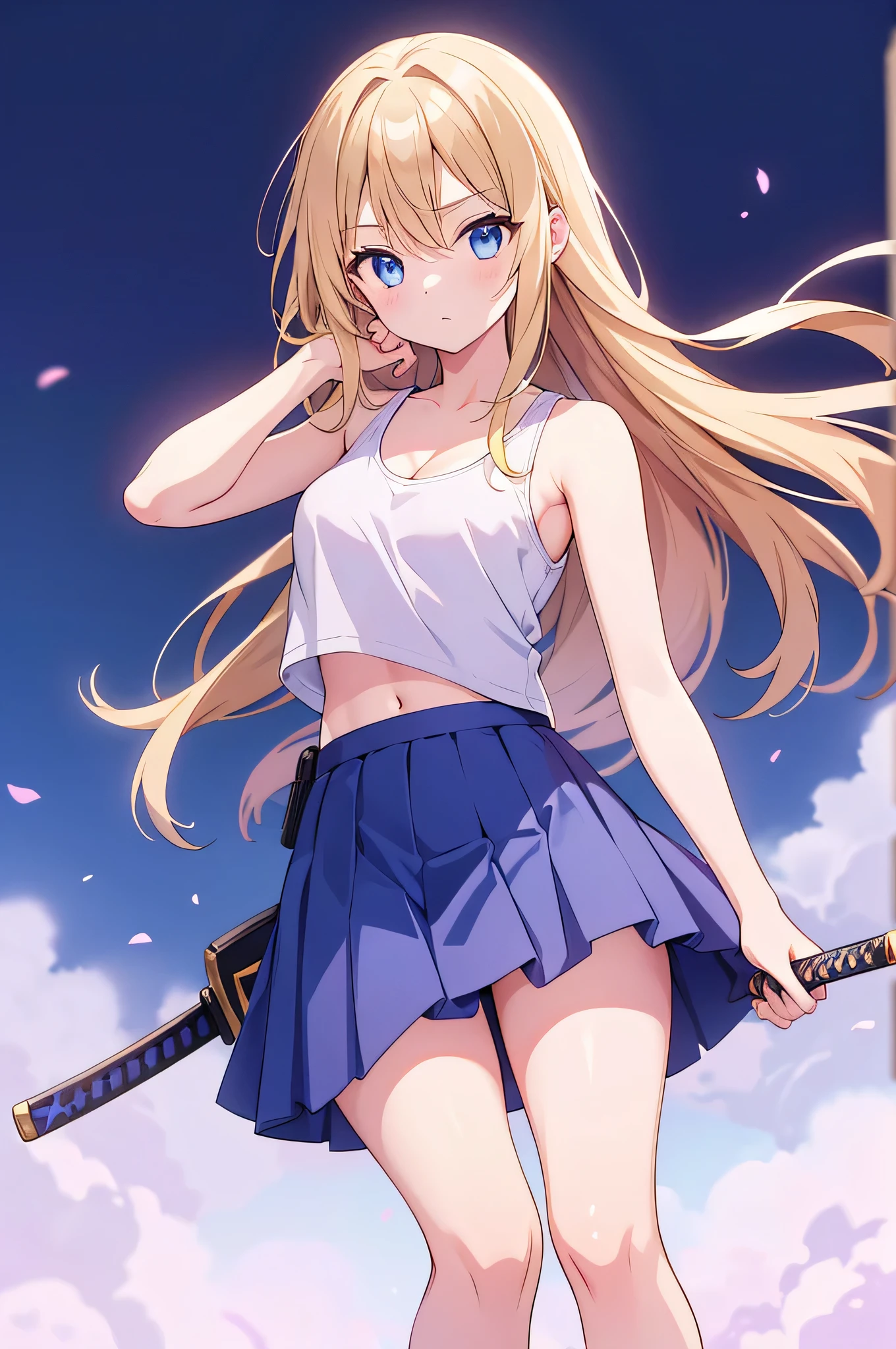 13 year old girl, long blonde hair, bright blue eyes, wearing a white tank top and a blue skirt, black sneakers, holding a katana sword, with the blade end towards the ground. She also has a holster for her pistol on her hip