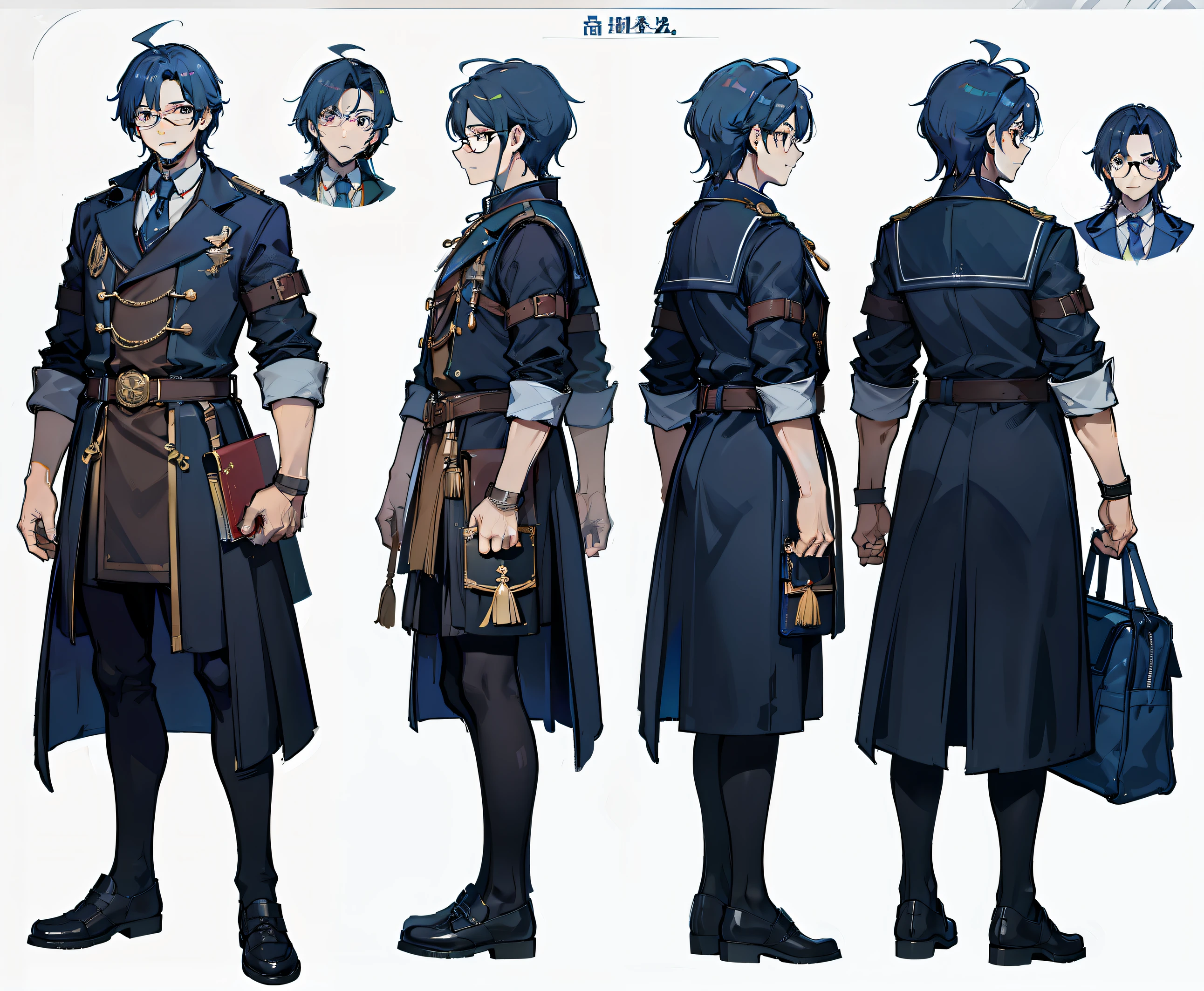 1 person, Reference sheet, (fantasy character design, front angle, back angle) Thaddeus. middle-aged scholar-looking man. wear glasses、Carry a school bag full of scrolls and notebooks. Well tailored, Practical attire suitable for alchemical pursuits. A masterpiece that exudes an atmosphere of intellectual curiosity and enthusiasm for research...:1.2), (highest quality:1.3).