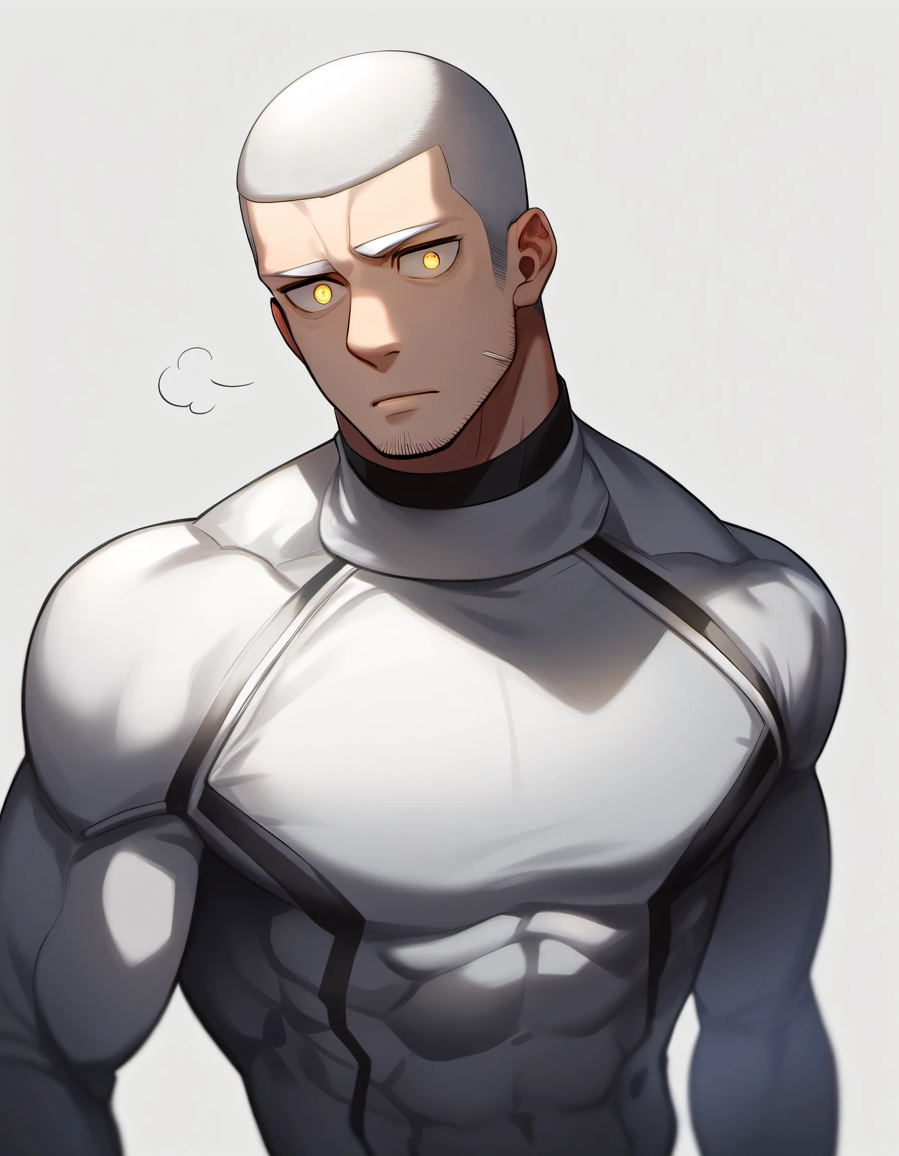 ung muscular man,male focus, White turtleneck compression pantyhose, white hair, buzz clip,muscular male, muscular, only, Upper body, alone, white short hair, stubble, yellow eyes, White background, simple background, amazing quality, best aesthetics, Ridiculous, bright pupils, sigh, short hair, best quality