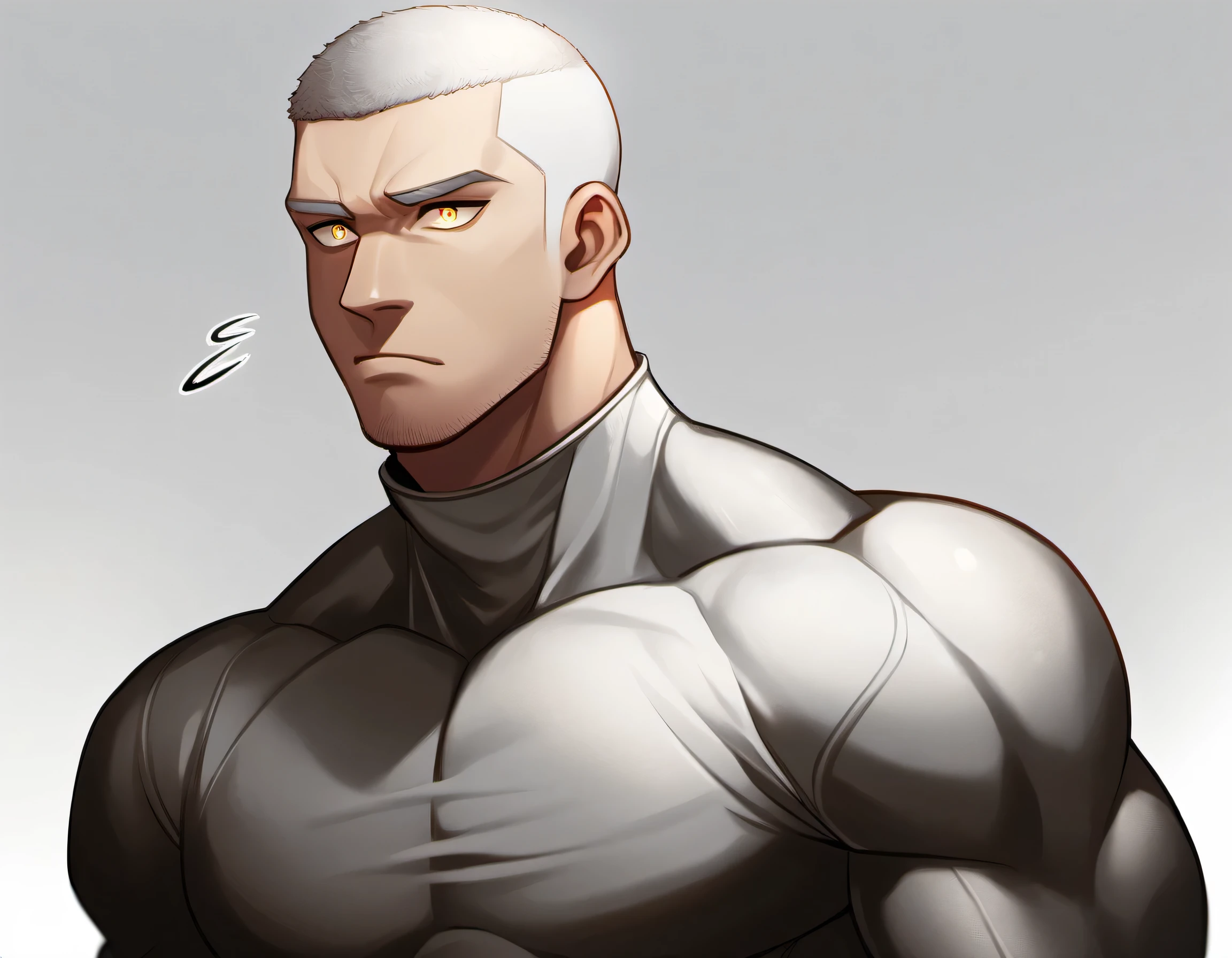 1 young muscular man,male focus,  White turtleneck compression pantyhose, white hair, buzz clip，muscular male, muscular, only, Upper body, alone, white short hair, stubble, yellow eyes, White background, simple background, amazing quality, best aesthetics, Ridiculous, bright pupils, sigh, short hair, best quality