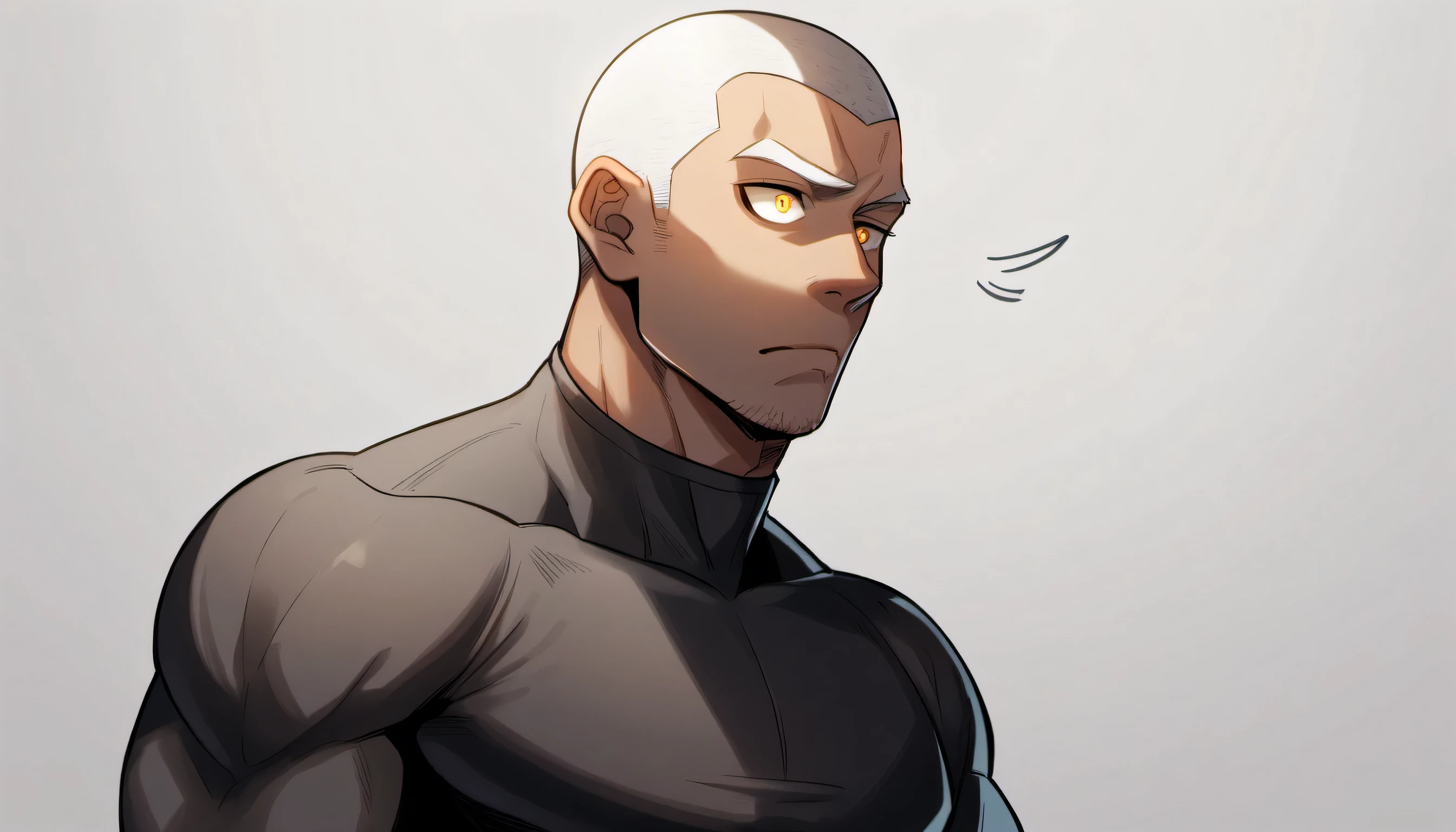 1 young muscular man,male focus, White turtleneck compression pantyhose, white hair, buzz clip,muscular male, muscular, only, Upper body, alone, white short hair, stubble, yellow eyes, White background, simple background, amazing quality, best aesthetics, Ridiculous, bright pupils, sigh, short hair, best quality